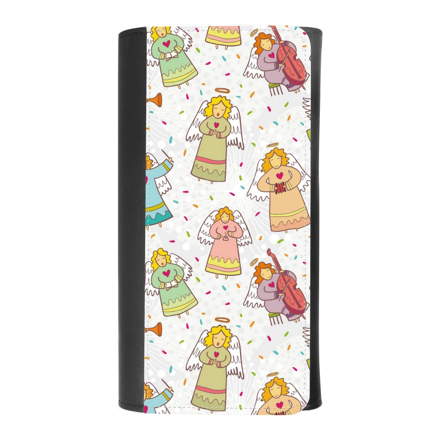 Music Angel Colored Seamless Pattern Women's Fashion Leather Buckle Trifold Wallet with Credit Card Slots & Smartphone Protection - Perfect for Everyday Use, Travel, and Gift Giving