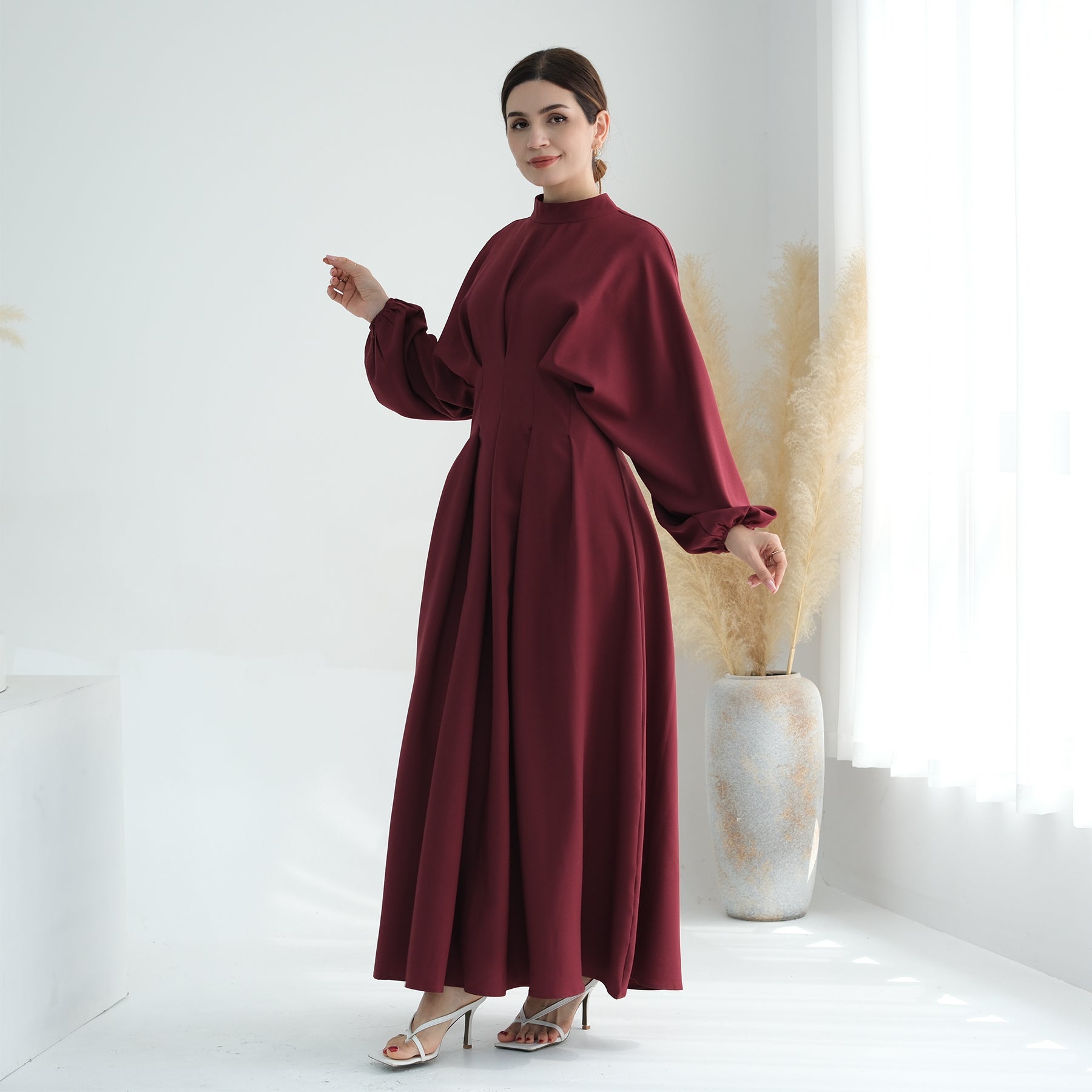 Madison Long Sleeve Maxi Dress for Women - Elegant Wine Red Flowy Formal Gown with Side Slits, Perfect for Weddings, Parties & Special Occasions