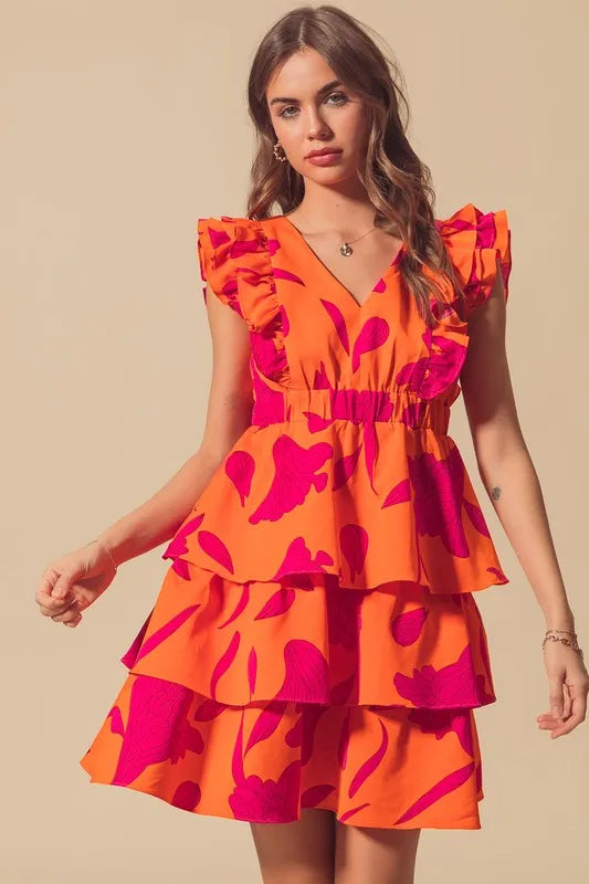 Stylish Orange Layered Resort Dress with Elastic Waist - Perfect for Beach Vacations, Summer Parties & Tropical Getaways