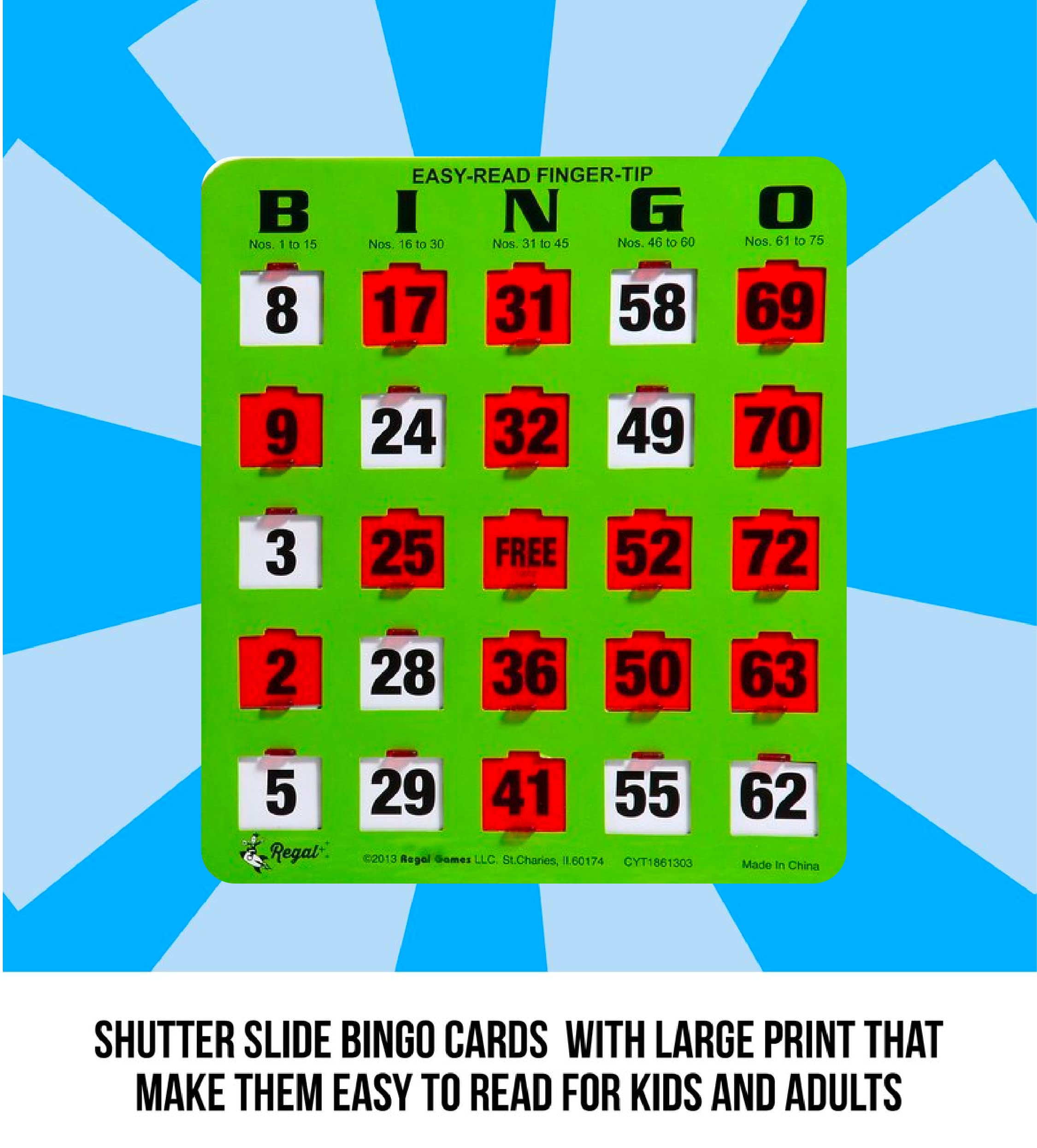 Regal Bingo - 8” x 9” Shutter Slide Bingo Cards - 5-Ply Green Cardstock - Easy to Read Numbers - No Duplicate Cards - Red Sliding Windows - Perfect for Large Groups & Bulk Purchasing - Ideal for Bingo Nights, Fundraisers, Classroom Activities & Senior Center Games