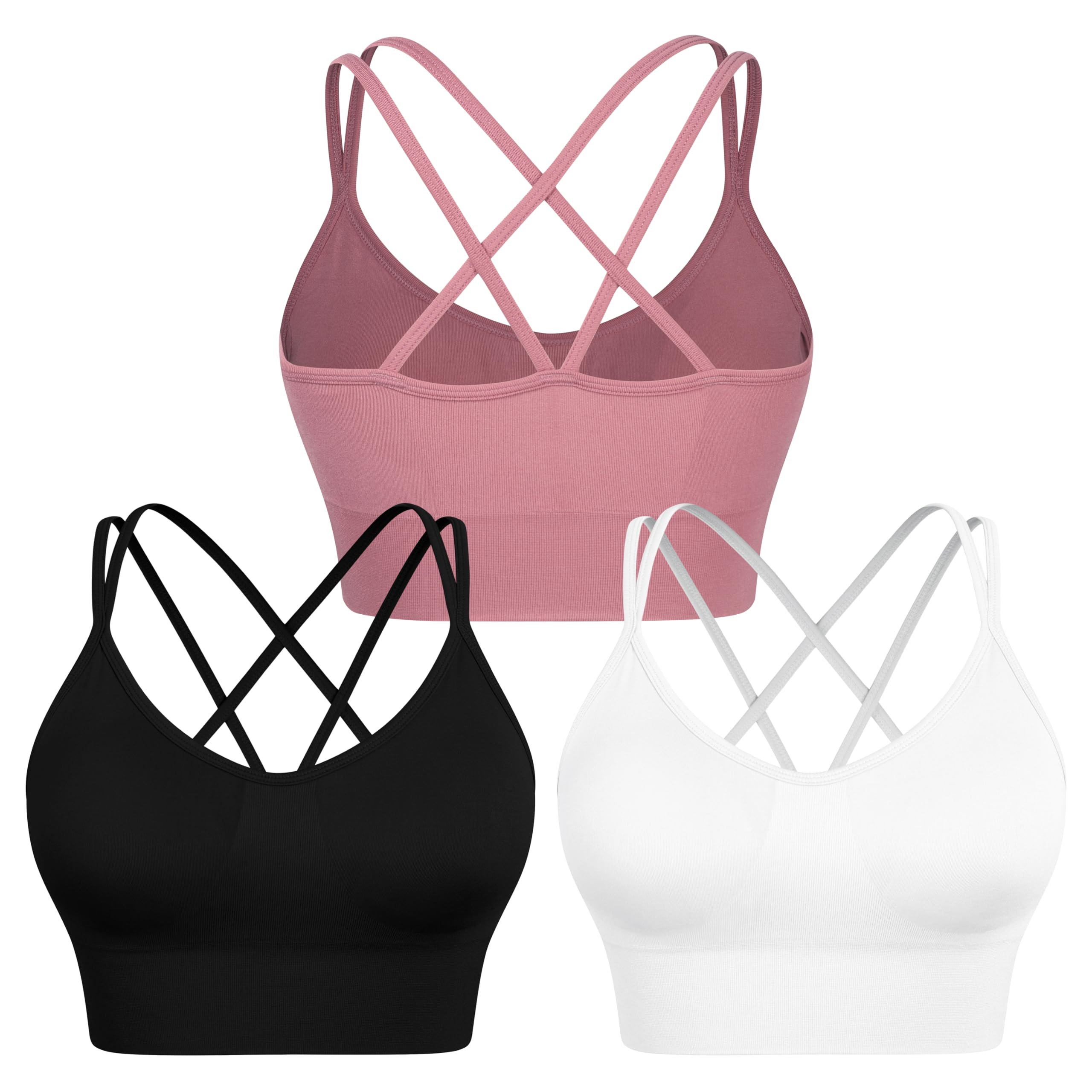 WANAYOU Women's Cross Back Sports Bra - Medium Support Padded Yoga Bra 3 Pack for Workout, Running & Gym | Strappy Design for Comfort & Style