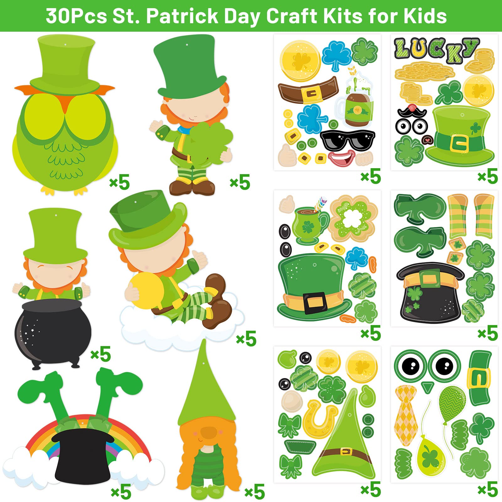 St. Patrick's Day Craft Kit for Kids - 30 Pack DIY Stickers with Leprechauns, Shamrocks & Owls - Fun Party Activities & Classroom Projects for St. Patty's Day Celebrations