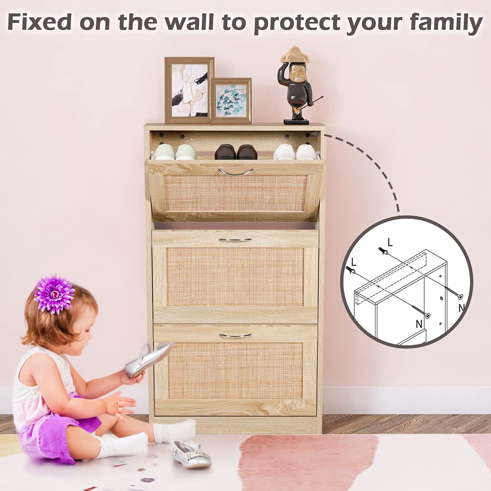 HOPUBUY 3-Tier Rattan Shoe Storage Cabinet - Narrow Entryway Shoe Organizer with Hidden Design for Home & Apartment - Natural Wood Slim Shoe Rack for Small Spaces - Perfect for Hallway, Closet or Bedroom Organization