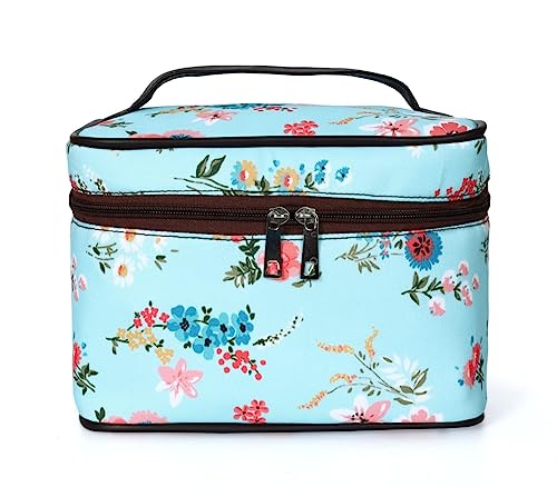 ZELOVI Waterproof Large Cosmetic Bag for Women - Floral Print Light Blue Makeup Organizer, Travel Toiletry Pouch for Girls | Perfect for Vacation, Gym, Beach & Daily Use