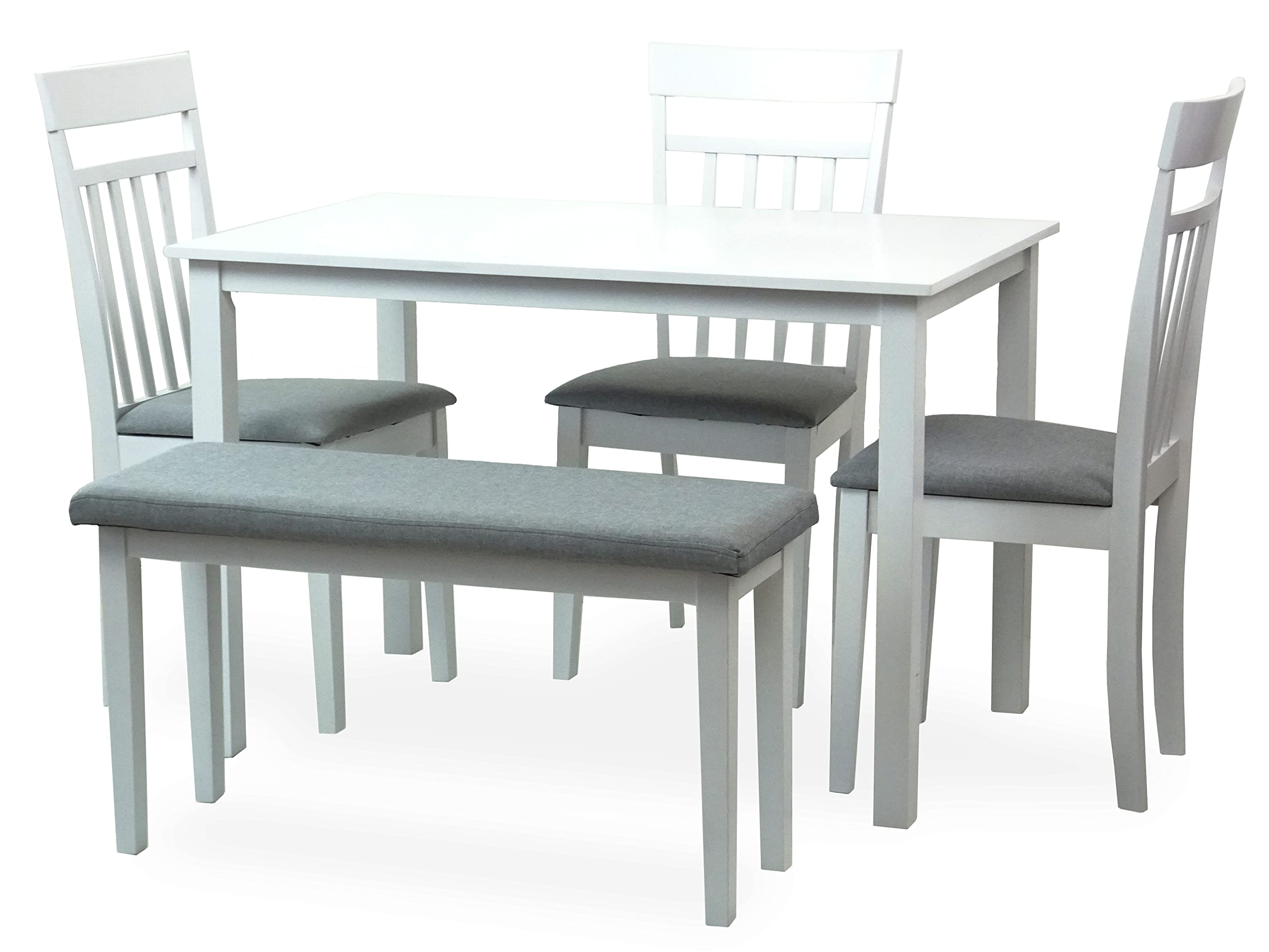 5-Piece Classic White Wooden Dining Set - Rectangular Table, 3 Chairs & Stained Bench for Kitchen, Dining Room & Small Spaces