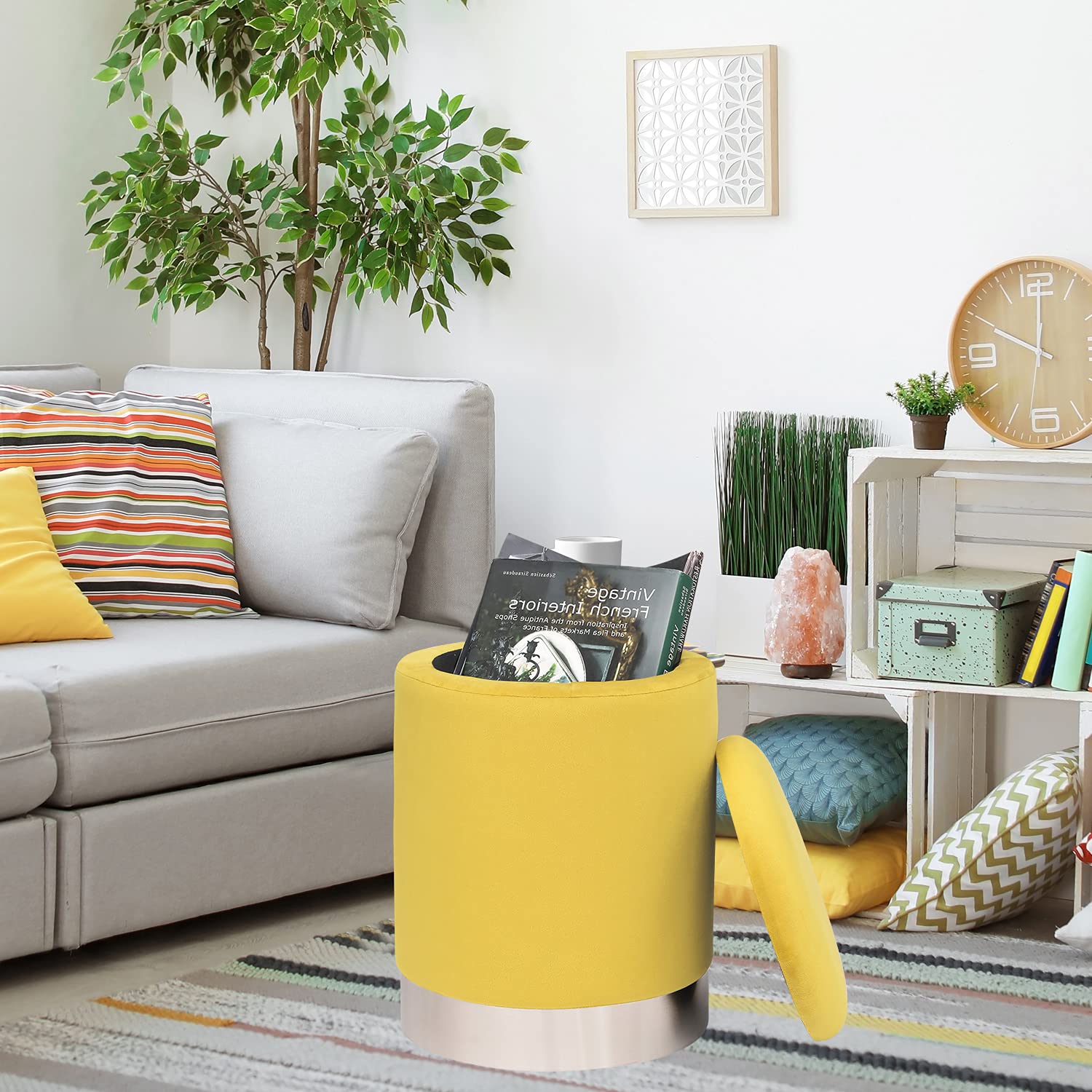 Joveco Round Storage Ottoman with Removable Lid - Velvet Upholstered Footrest with Silver Plating Base - Multi-Purpose Footstool for Living Room, Bedroom & Dressing Room (Yellow) - Perfect for Extra Seating, Storage & Home Decor
