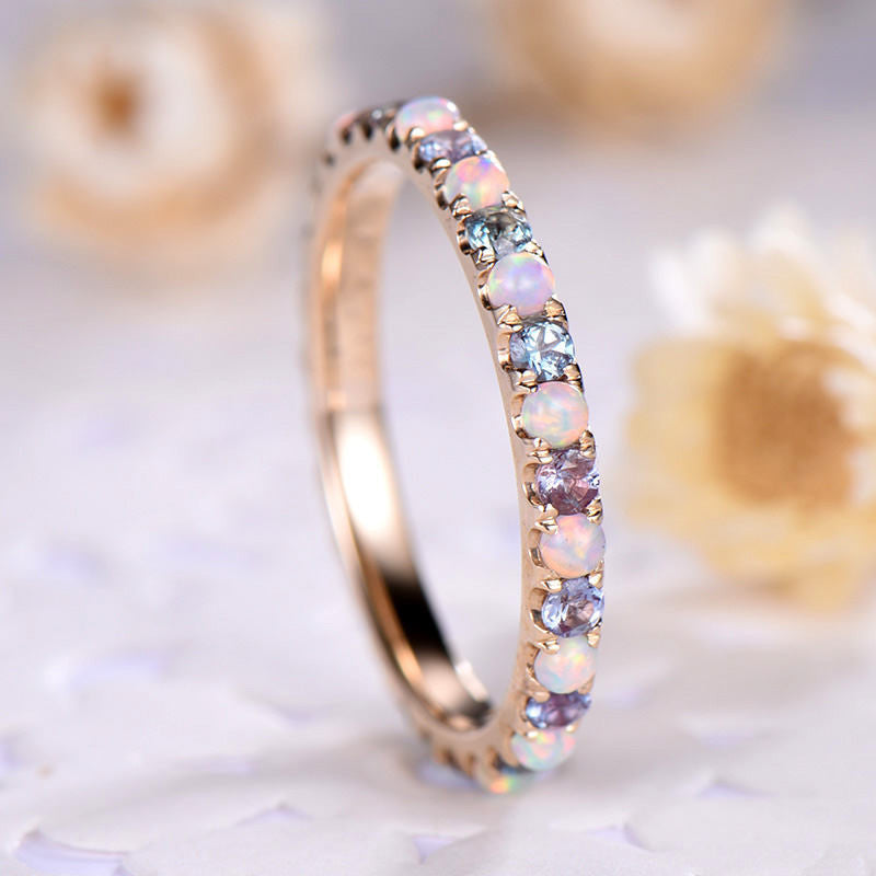 Opal and Alexandrite Wedding Band - Full Eternity Ring in 14K/18K Gold for Women | Elegant Bridal Jewelry, Anniversary Gift, Engagement Ring Alternative