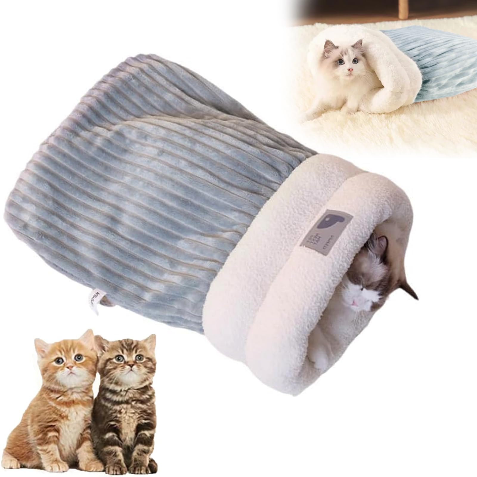 ZRW Soft Plush Cat Sleeping Bag - Self-Warming Winter Pet Bed with 360° Wrap for Ultimate Comfort (Blue, Large) - Perfect for Cozy Naps & Cold Weather Snuggles