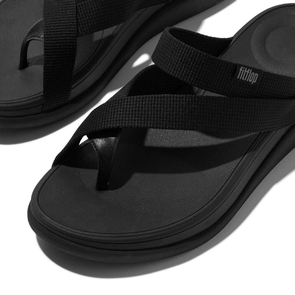F Mode Go Webbing Flatform Sling Sandals - All Black | Comfortable Summer Beach Shoes for Women | Perfect for Casual Outings, Vacations and Poolside Wear