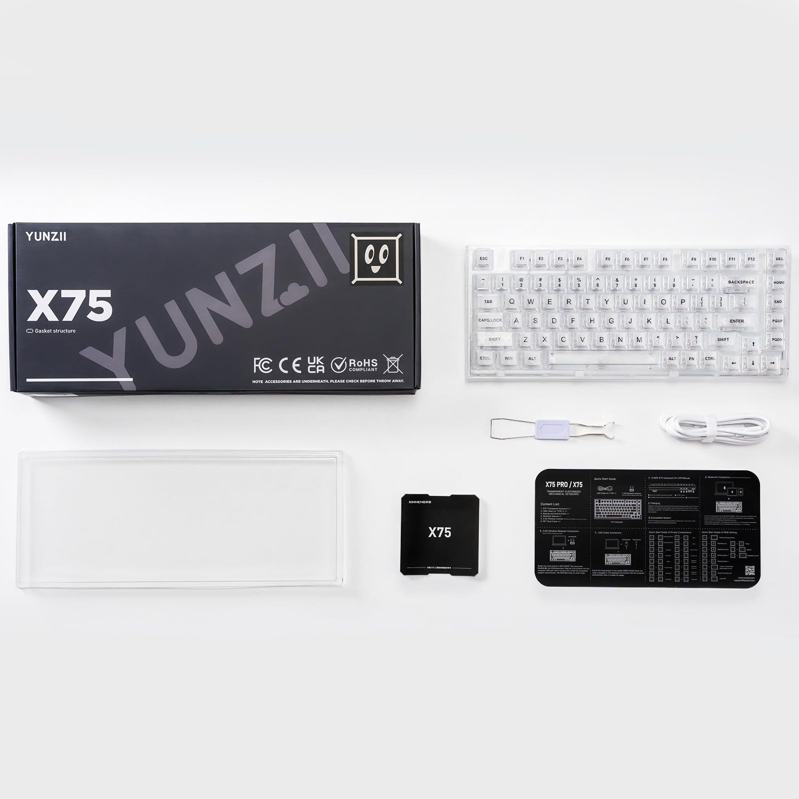 YUNZII X75 PRO 82-Key Wireless Mechanical Gaming Keyboard - Hot Swappable, Gasket Mount, BT5.0/2.4G/USB-C, Transparent Keycaps - Compatible with Windows/Mac (Crystal White Switch, Wireless-White) | Perfect for Gaming, Typing & Office Work