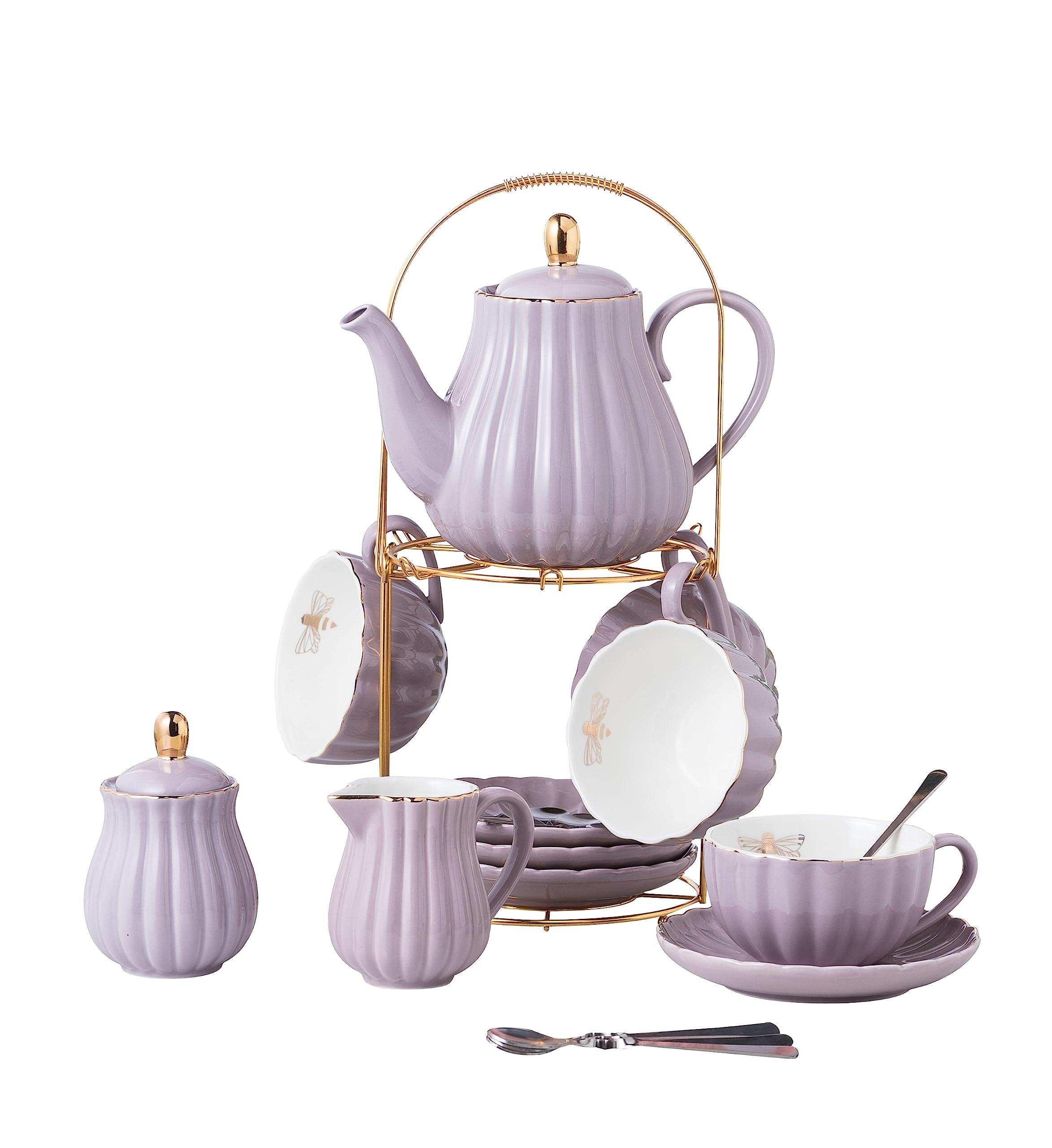 8 OZ Fine China Purple Coffee Cup & Teacup Set with Saucers - 17-Piece Tea Service for 4 Includes Teapot, Sugar Bowl, Cream Pitcher & Accessories - Elegant Purple Tea Party Set for Afternoon Tea, Bridal Shower & Home Decor