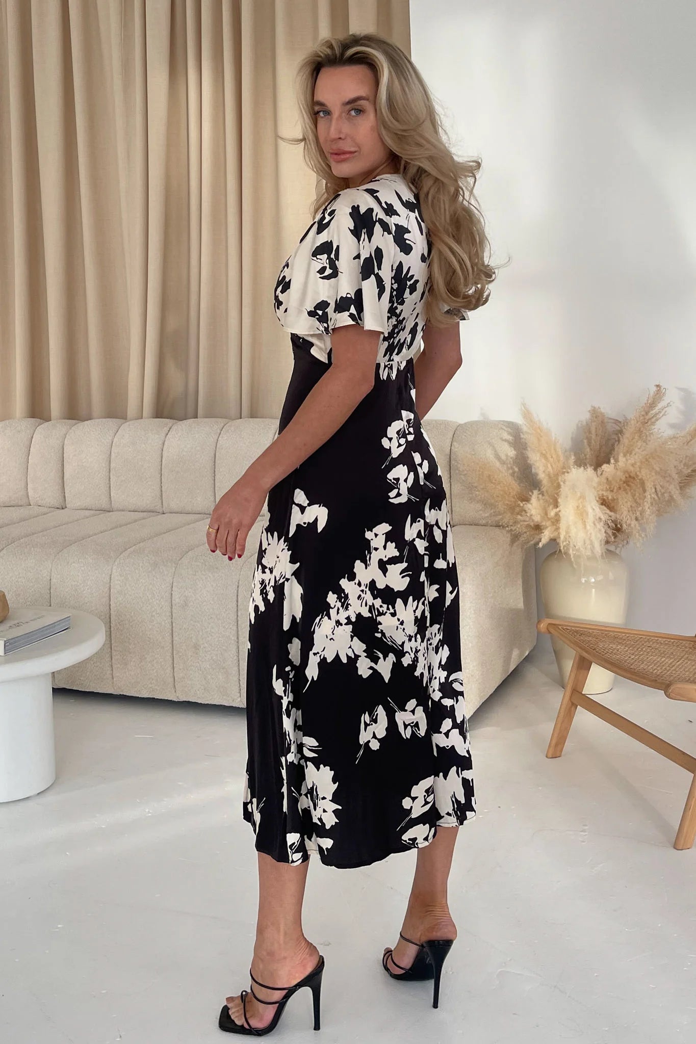 LEVI ANGEL SLEEVE SPLIT LEG MIDI DRESS - Monochrome Black & White Floral Print Women's Summer Dress for Casual Wear, Date Night & Beach Vacation