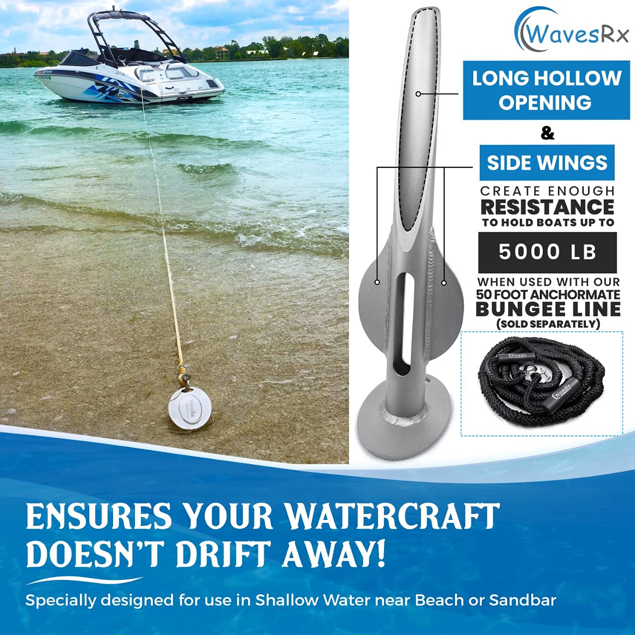 Aluminum Sand Anchor with 14' Bungee Line - Secure Watercraft Anchoring for Boats, Pontoons & Jet Skis Near Beach or Sandbar | Perfect for Shallow Water & PWC Use
