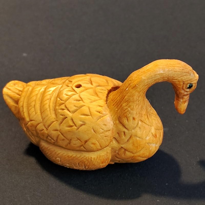 Q4875-2'' Premium Hand Carved Boxwood Netsuke Swan Figurine - Japanese Art Collectible, Home Decor & Gift for Art Lovers