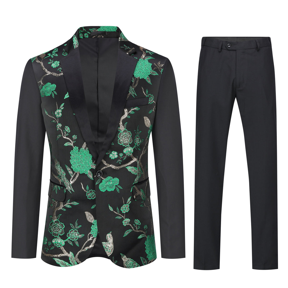 2 Piece Slim Fit Embroidered Green Floral Suit for Men - Formal Wedding & Party Outfit - Elegant Business Attire for Special Occasions