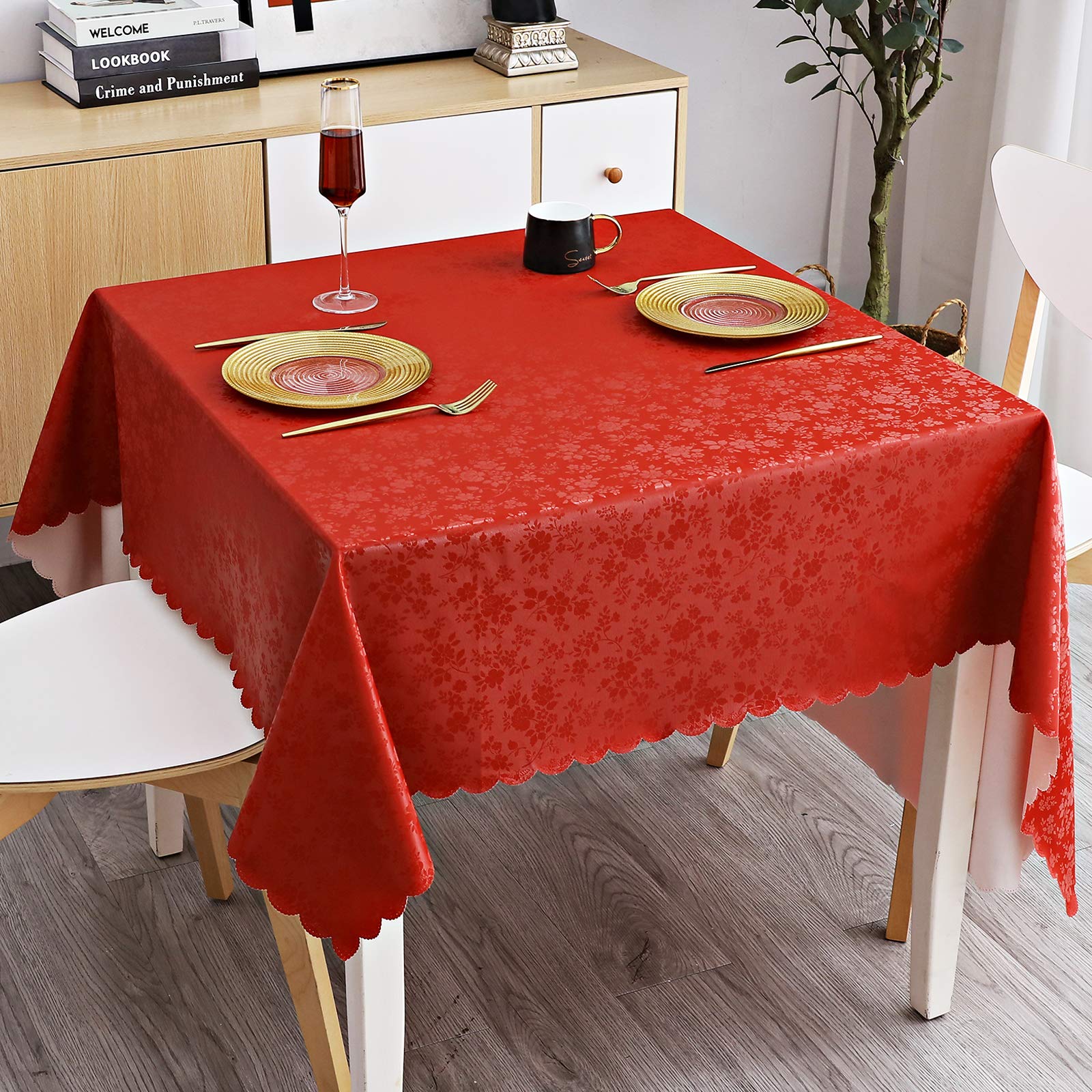 Smiry Square Waterproof Vinyl Tablecloth - Heavy Duty, Wipeable & Washable Red Table Cover for Kitchen, Dining Room, Outdoor Picnics & Party Decor (54