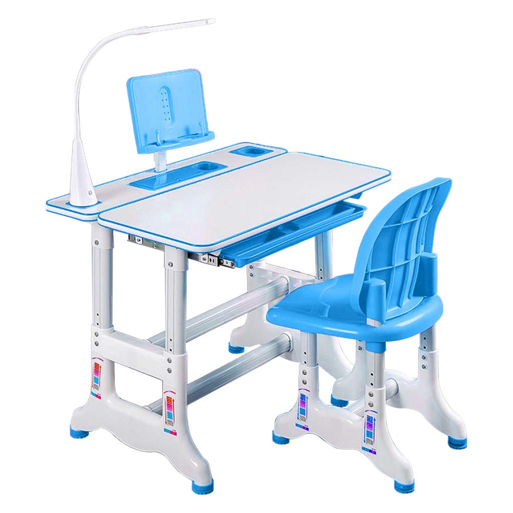 Adjustable Height Kids Study Desk and Chair Set with LED Lamp - Wooden Tilting Tabletop for Children Ages 3-18 (Blue) - Perfect for Homework, Drawing & Learning Activities in Bedroom or Playroom