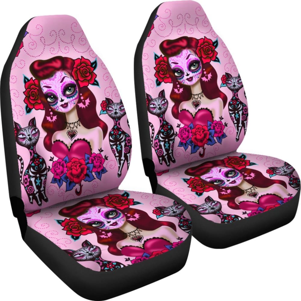 2 Pcs Sugar Skull Girl Day of the Dead Car Seat Covers - Mexican Folk Art Design for Halloween, Dia de los Muertos - Perfect for Car, Truck, SUV & Home Decor