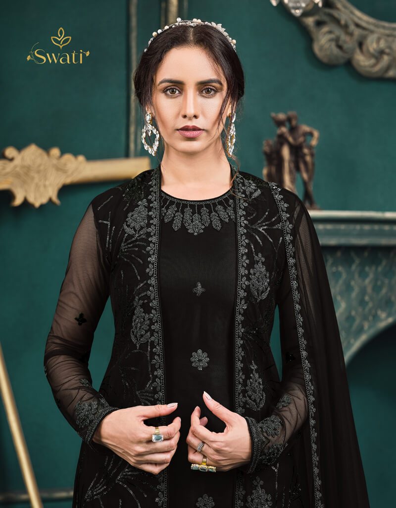 Elegant Black Anarkali Style Suits with Butterfly Net Embroidery - Perfect for Weddings, Parties & Festive Occasions