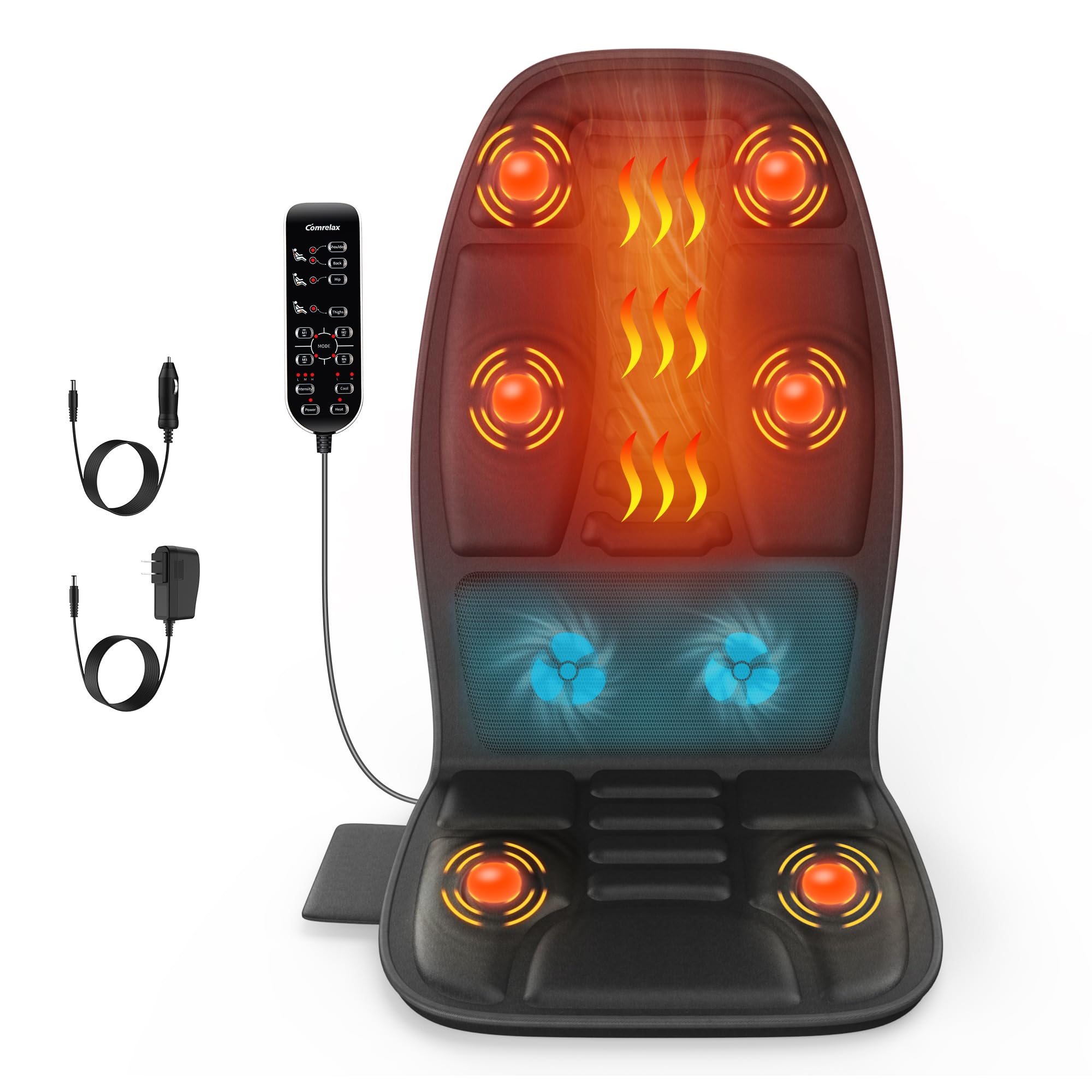 Heated Massage Seat Cushion with Deep Tissue Vibration - Full Body Back Massager for Office Chair, Car & Home Use - Includes 2 Power Adapters - Perfect Gift for Dad, Mom & Seniors - Relieve Back Pain & Stress at Work or While Traveling