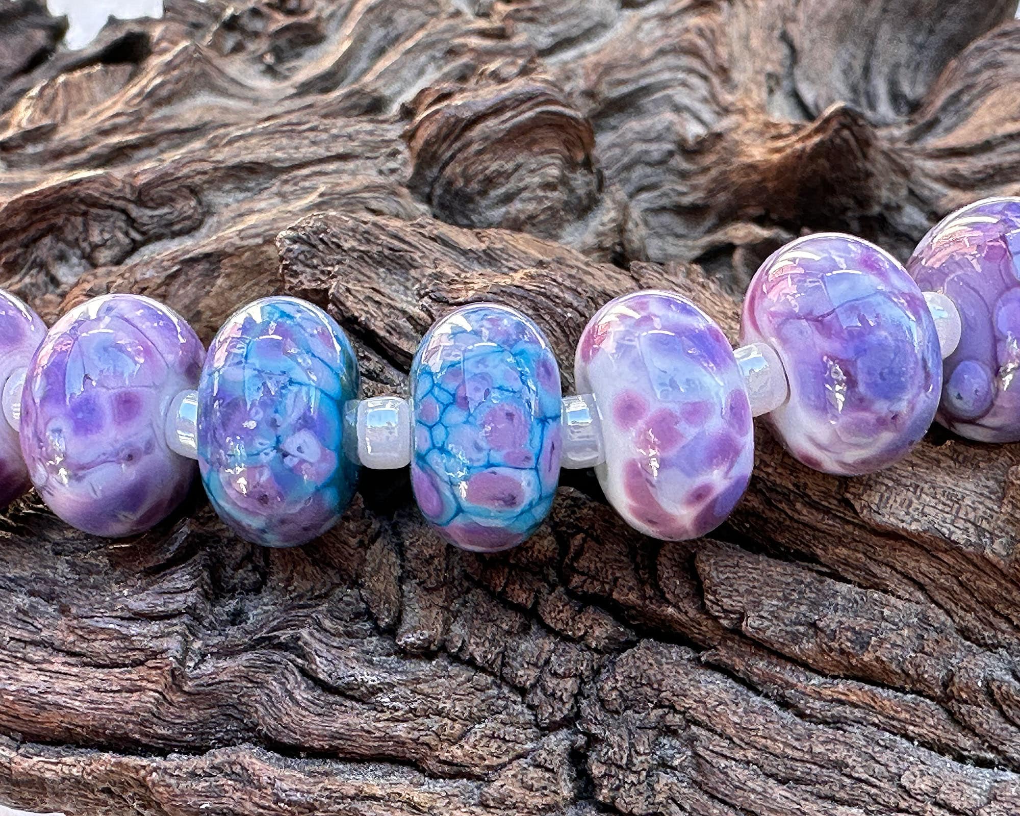 14 Vibrant Purple Mosaic Lampwork Glass Beads Set for Jewelry Making - DIY Bracelet, Necklace & Craft Projects (SRA)