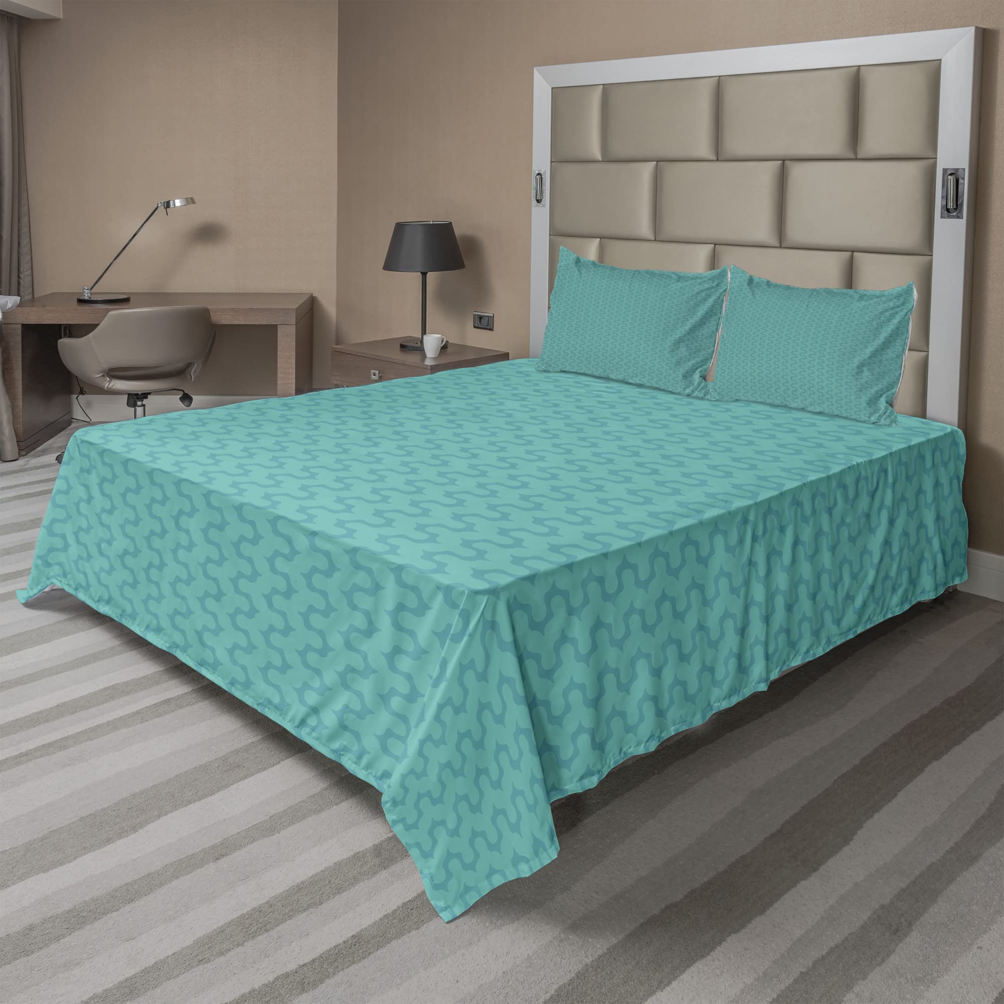 Ambesonne Abstract King Size 4-Piece Sheet Set - Camouflage Wavy Monochrome Minimalist Design, Dark Seafoam Turquoise - Includes Fitted Sheet, Flat Sheet & 2 Pillowcases | Perfect for Modern Bedrooms, Guest Rooms & Contemporary Home Decor