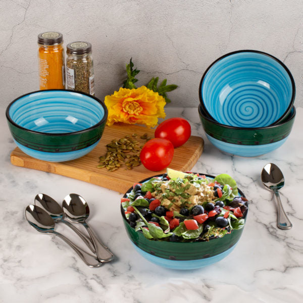 4-Piece Blue & Green Carousel Pattern Bowl Set - Perfect for Dining, Entertaining, and Kitchen Decor