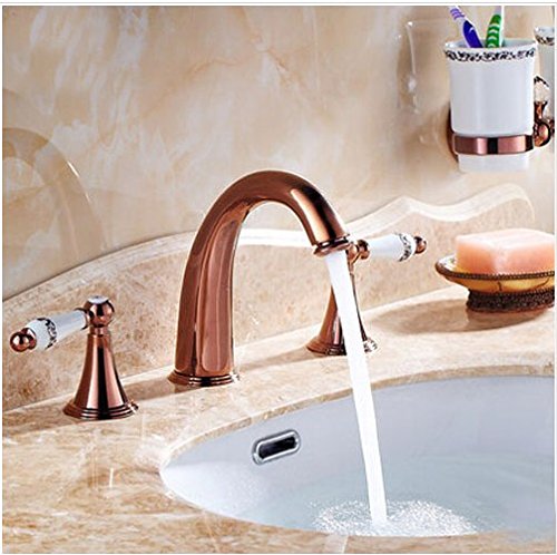 GOWE 3PCS Deck Mount Bathroom Sink Faucet with Rose Gold Finish - Double Handle Mixer Tap for Basin, Vanity, Powder Room - Perfect for Modern Home & Luxury Hotel Renovation