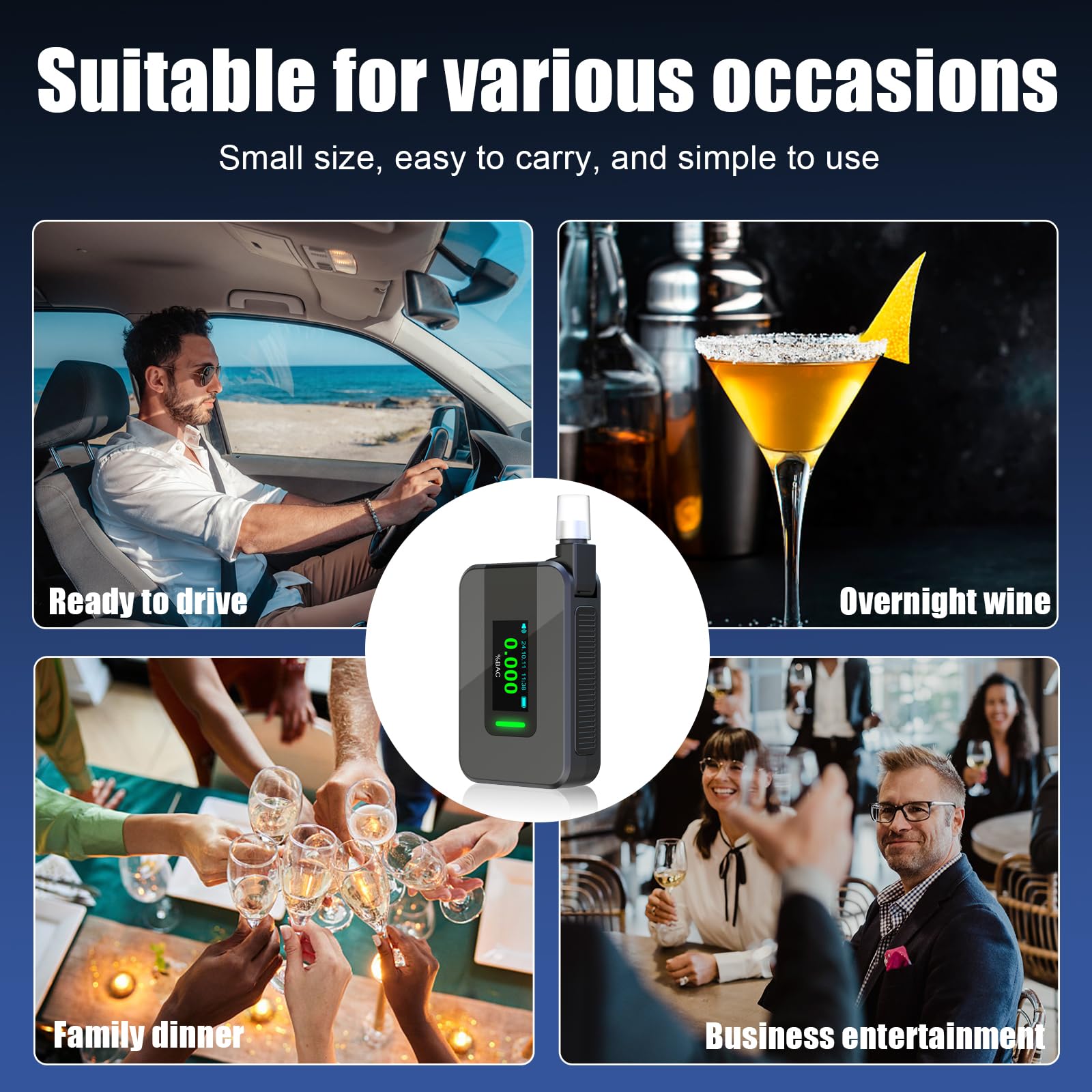 Professional-Grade Digital Breathalyzer with Blue LCD Display - High Accuracy Alcohol Tester for Personal Use, Memory Function & Warning Alerts - Includes 20 Disposable Mouthpieces - Ideal for Home Safety, Workplace Testing & Responsible Drinking Scenarios