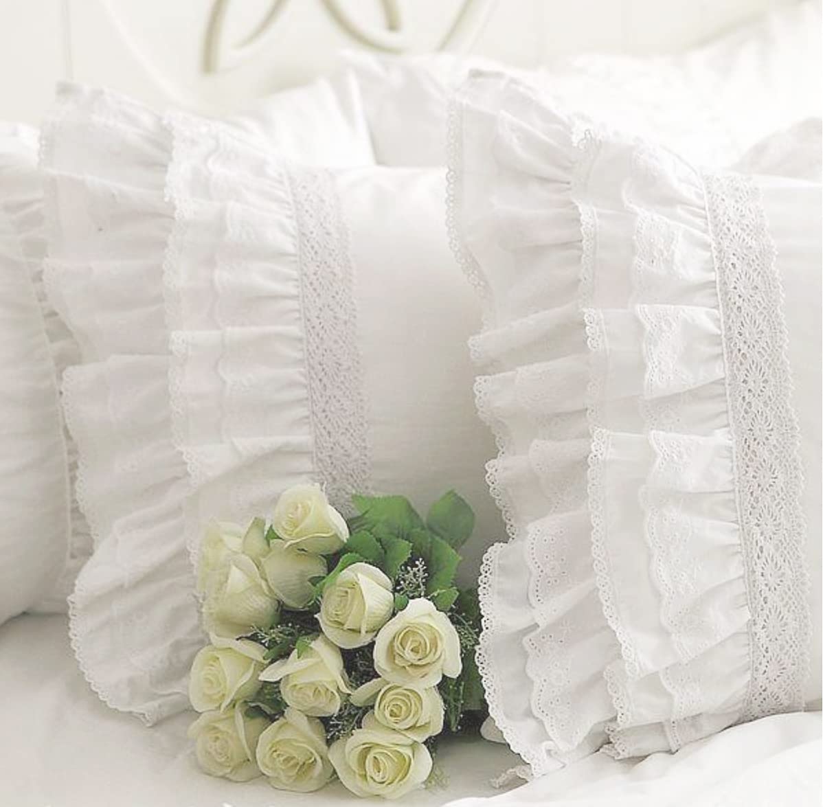 Queen's House White Lace Pillowcases - Vintage Cotton Ruffled Shams, Set of 2 for Bedroom Decor