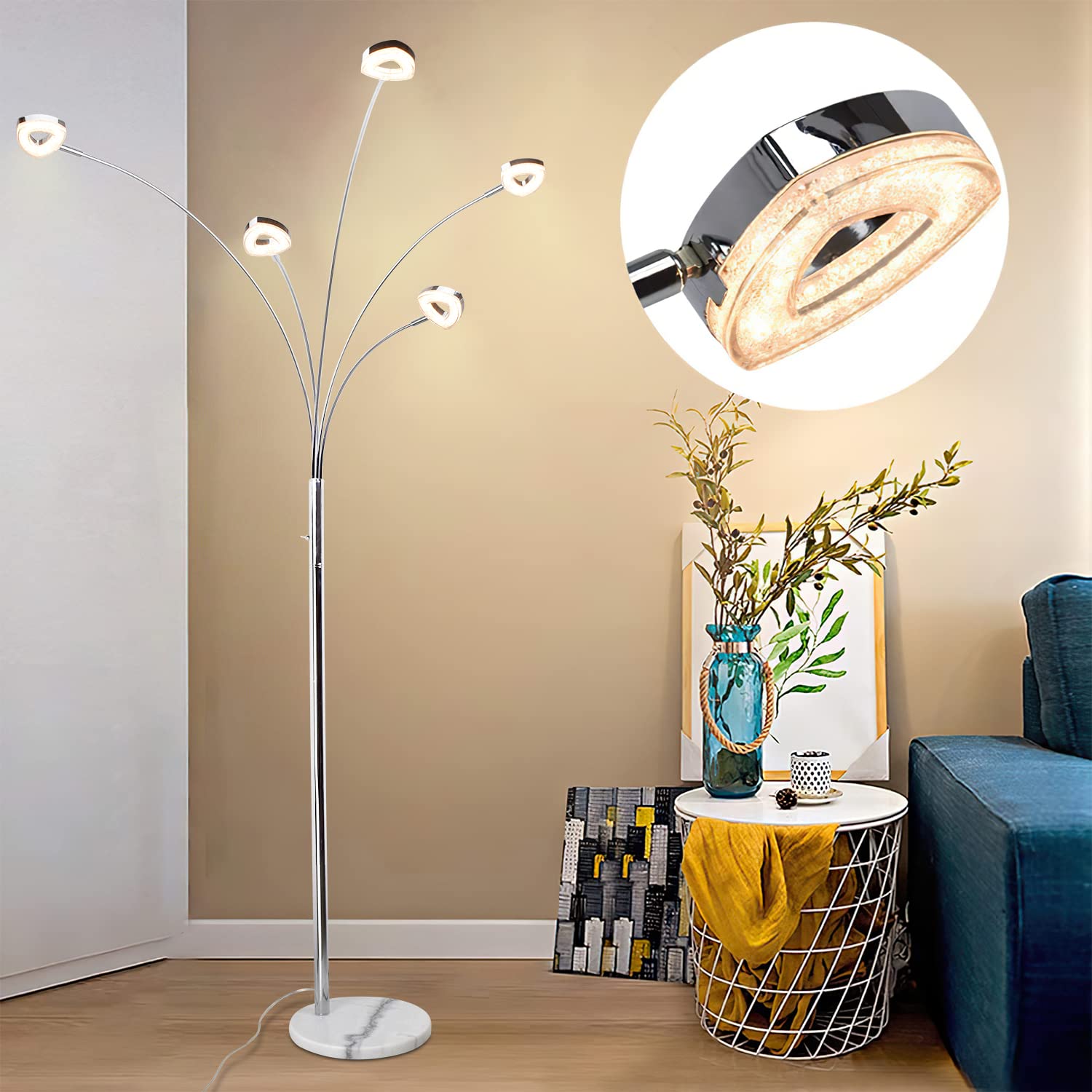 DLLT 5-Light LED Floor Lamp - Dimmable Adjustable Standing Light for Living Room, Bedroom & Office, Modern Tree Design with 3 Brightness Levels (Warm White, Silver) - Perfect for Reading, Working & Ambient Lighting