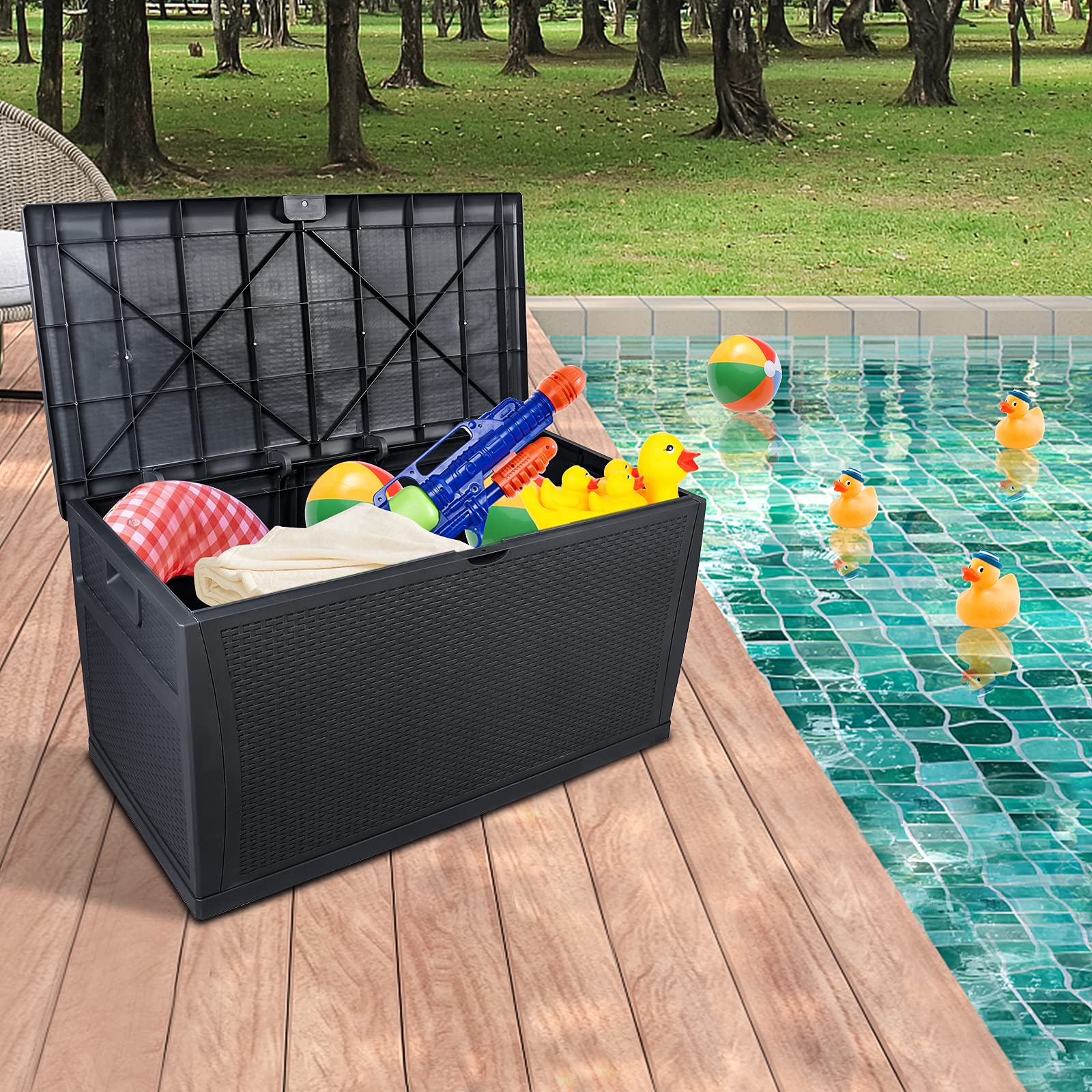 HomVent 120 Gallon Resin Rattan Deck Box - Waterproof Outdoor Storage Container for Patio, Garden Tools, Pool Accessories & Cushions - Stylish Rattan Design (Black) - Perfect for Backyard, Deck & Poolside Organization