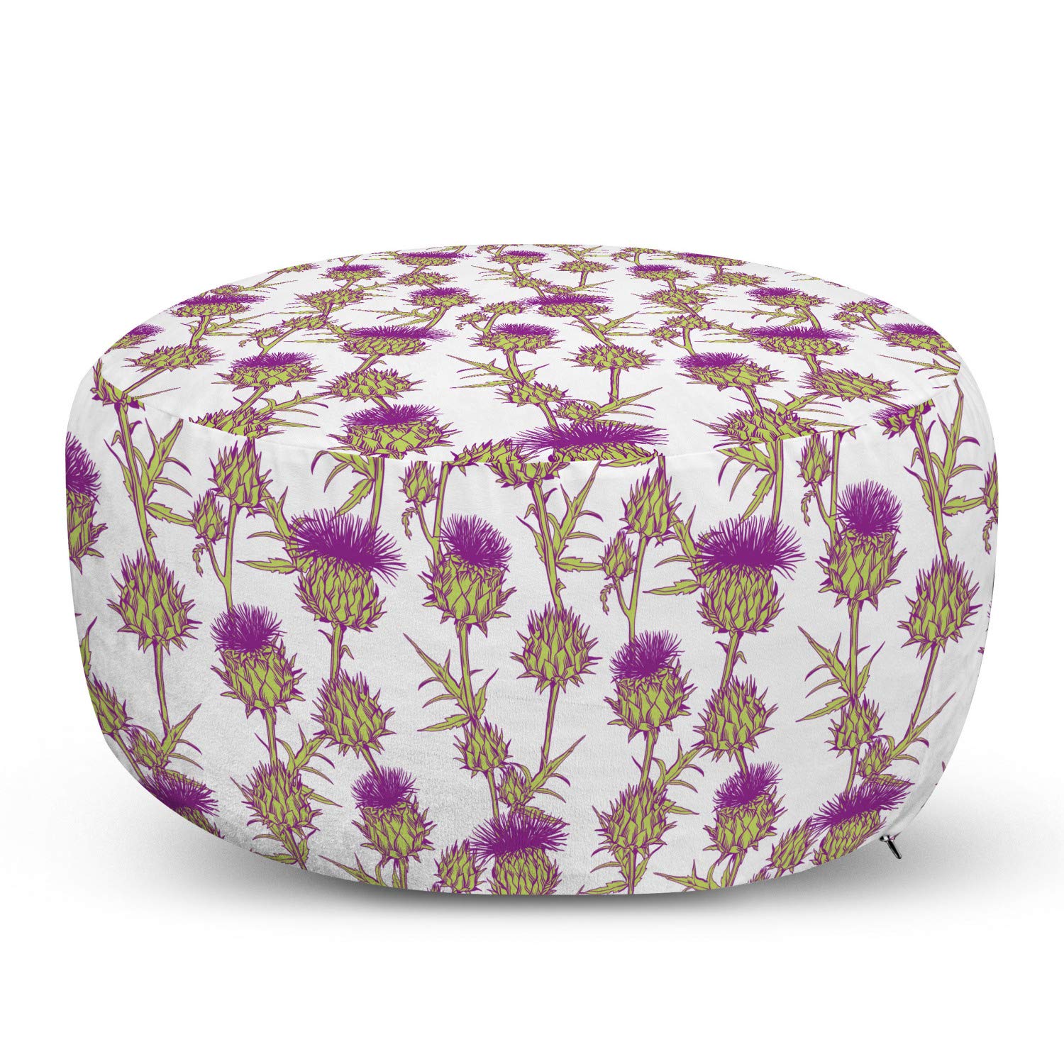 Ambesonne Thistle Ottoman Pouf - Summer Floral Foot Rest with Thistle Flowers & Buds, Soft Decorative Pouf with Removable Cover for Living Room & Bedroom - Apple Green & Purple - Perfect for Home Decor, Lounge Seating & Extra Guest Seating