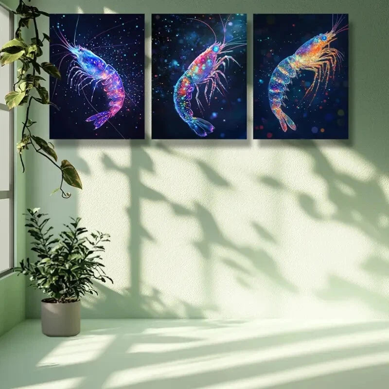 3pcs Shrimp Dream Art Painting - Metal Print Wall Decor Ready to Hang - Perfect for Living Room, Bedroom & Office Decor