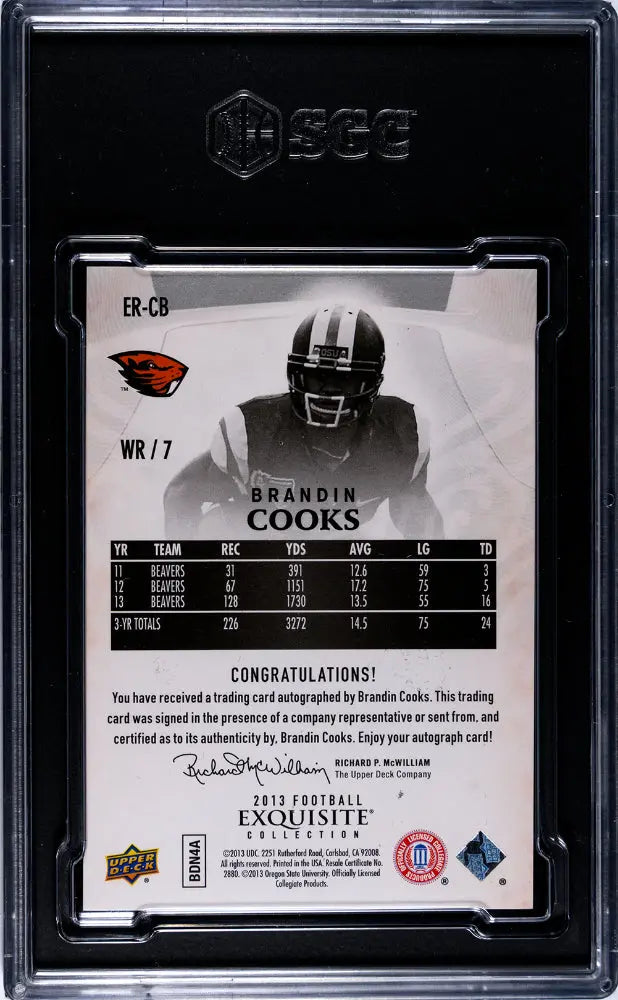 2013 UD Exquisite Football Brandin Cooks Rookie Autograph Card SGC 9 Graded 20/99 #ER CB - Perfect for Collectors, Sports Memorabilia Enthusiasts, and Investment