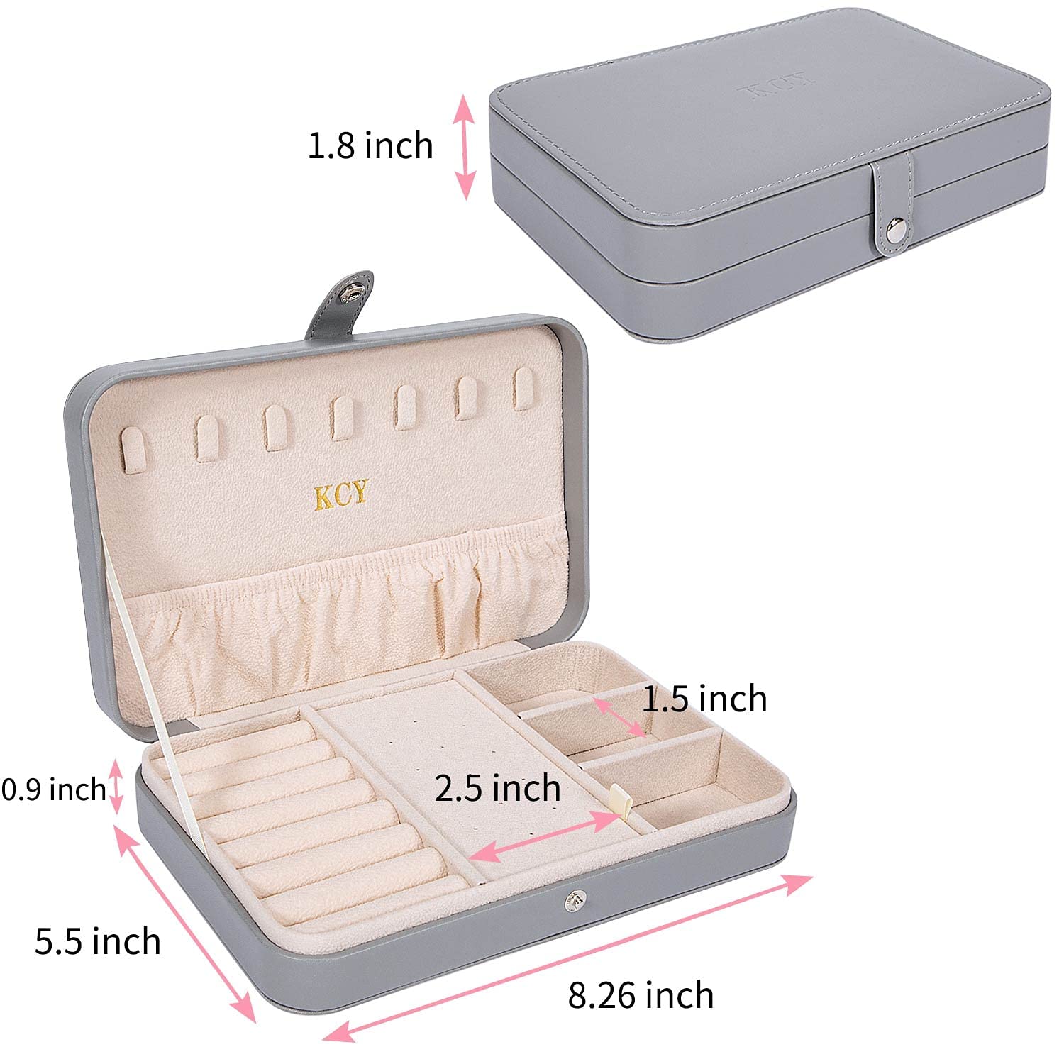 KCY Women's Travel Jewelry Organizer Box - PU Leather Portable Jewelry Case for Earrings, Necklaces, Rings & Bracelets - Compact Jewelry Storage Display Holder - Perfect Gift for Women & Girls (Grey) - Ideal for Travel, Home Organization & Daily Jewelry Protection