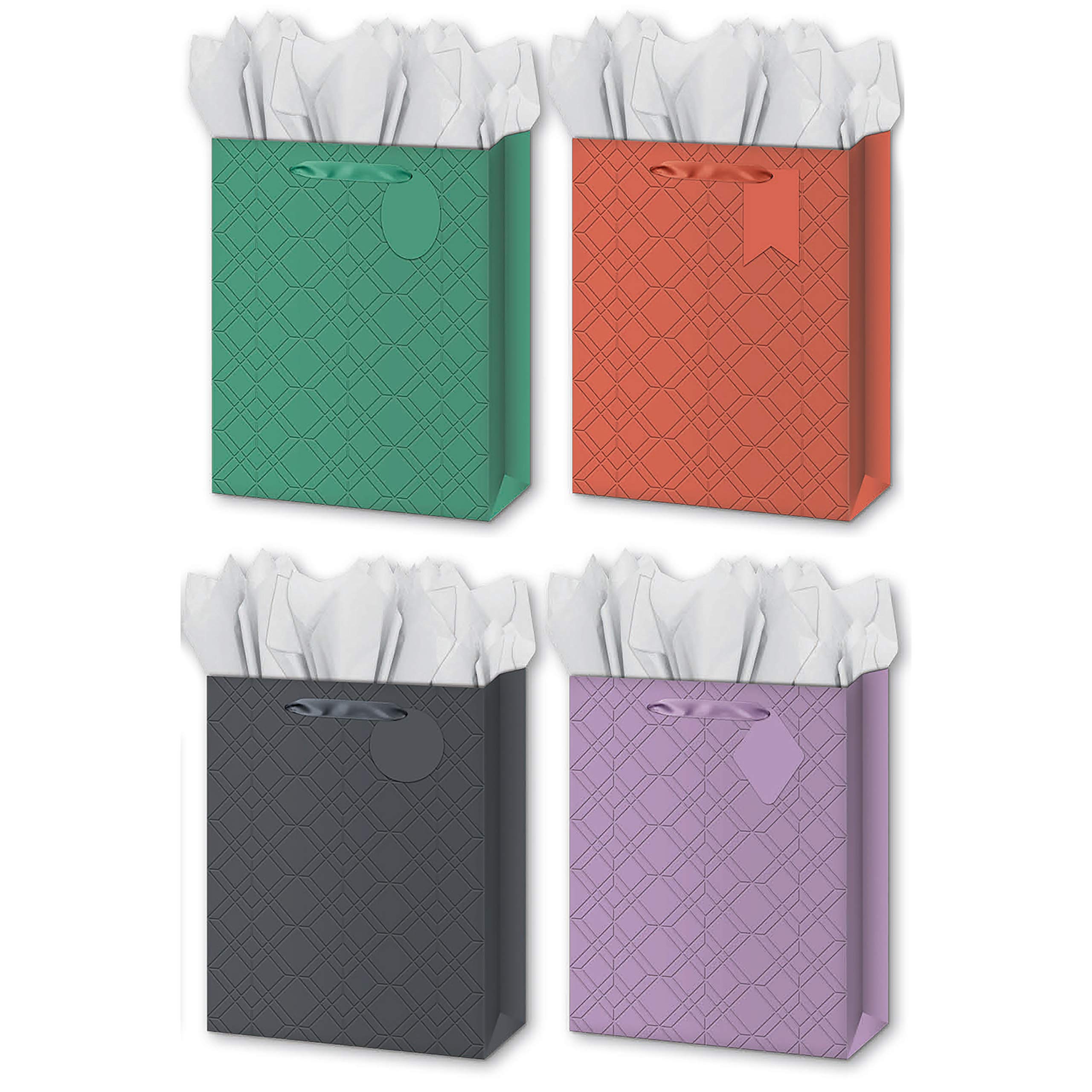 B-THERE 4-Pack Large Embossed Solid Color Gift Bags with Tags & Tissue Paper - Perfect for Birthday, Wedding, Baby Shower & Holiday Gift Wrapping