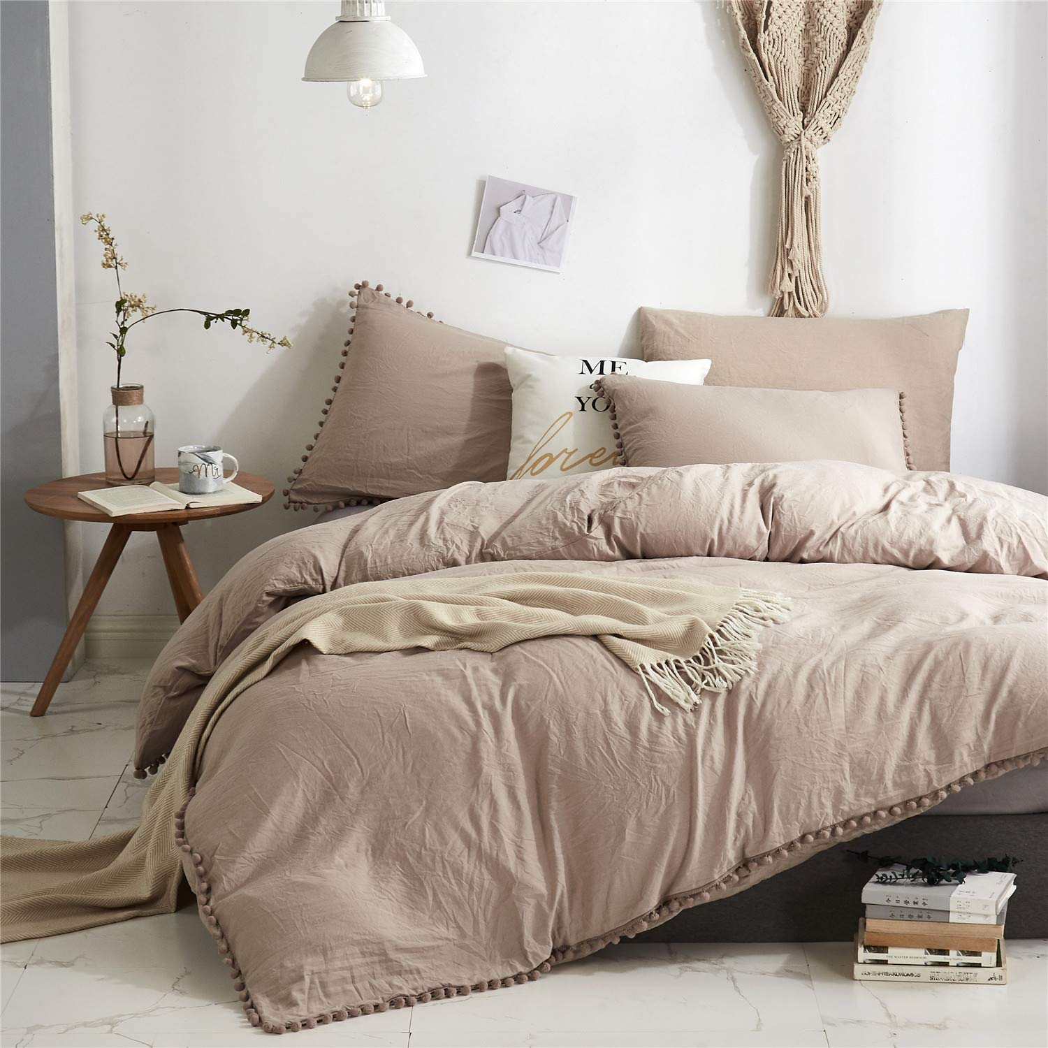 TanNicoor Pom Fringe Duvet Cover Set - 2 Piece Ultra Soft Washed Cotton Bedding Set with Zipper Closure, Modern Style Comforter Cover for Twin Bed (Khaki) | Cozy Home Decor for Bedroom & Guest Room