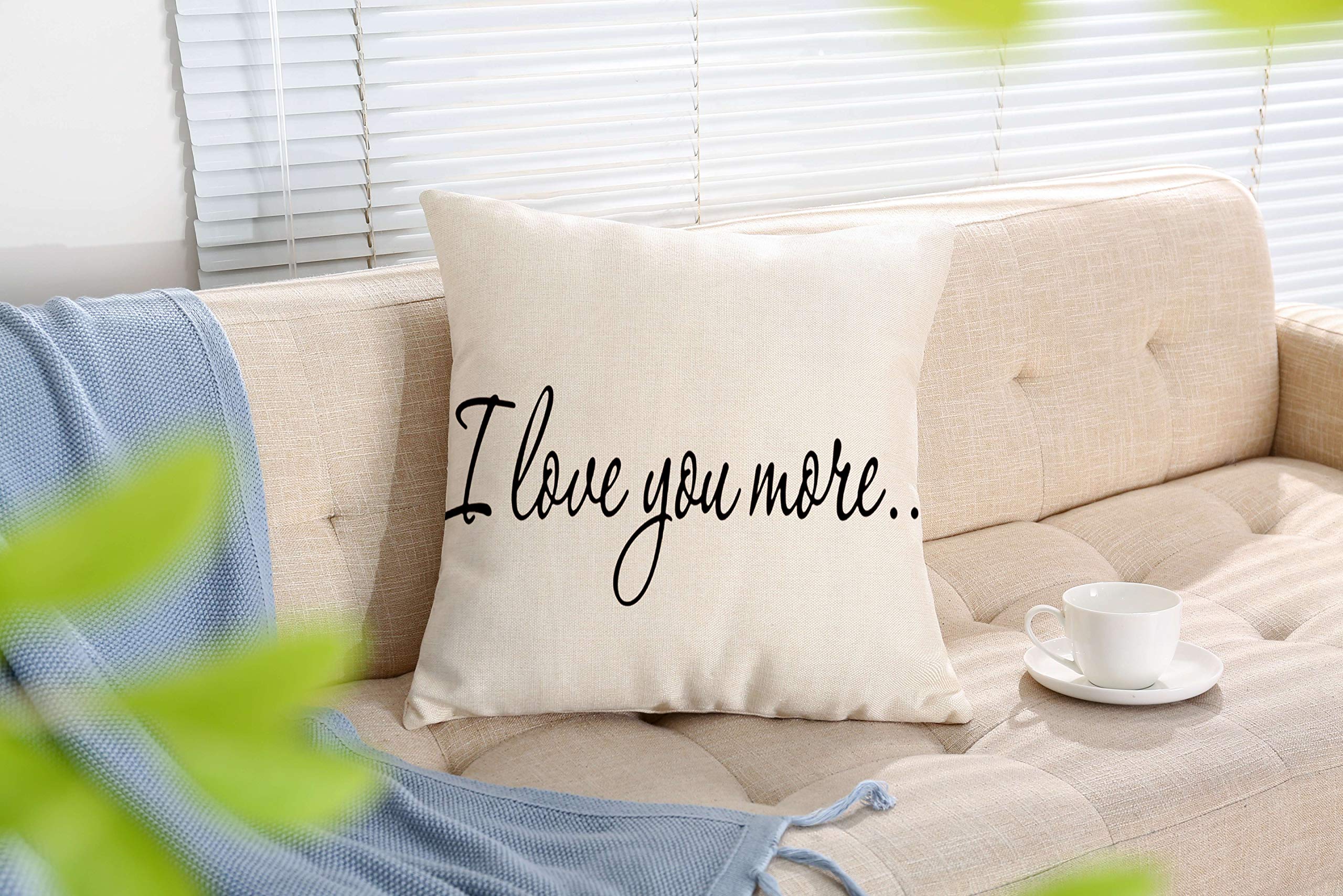I Love You More Throw Pillow Cover - 18x18 Inch Cotton Linen Decorative Cushion Case for Sofa, Couch & Bed - Romantic Home Decor Gift for Couples, Valentine's Day & Anniversary
