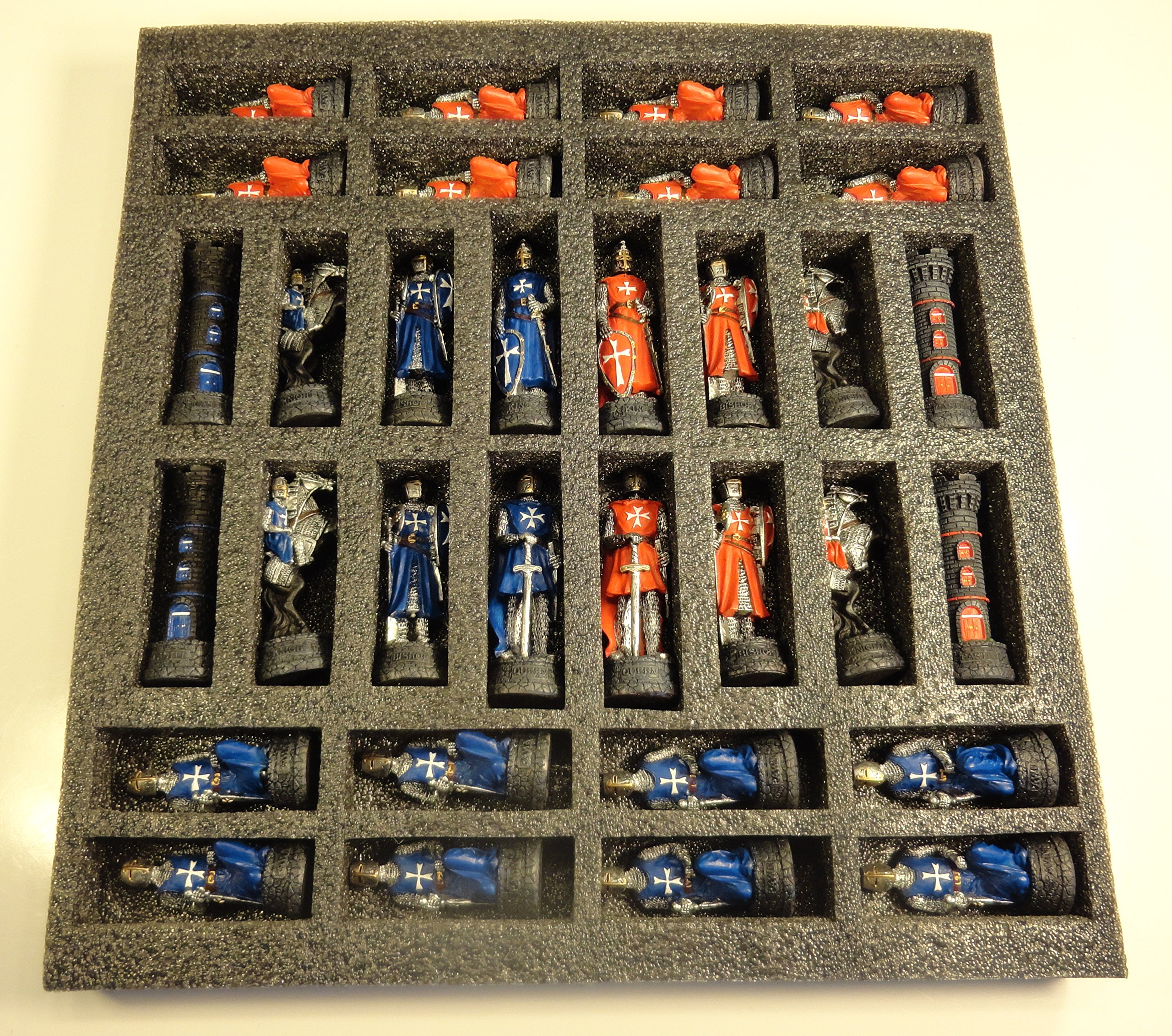 Hand-Painted Medieval Crusades Themed Chess Set - Red & Blue Pieces with Glossy Black & White Board | Perfect for History Enthusiasts & Strategy Game Lovers