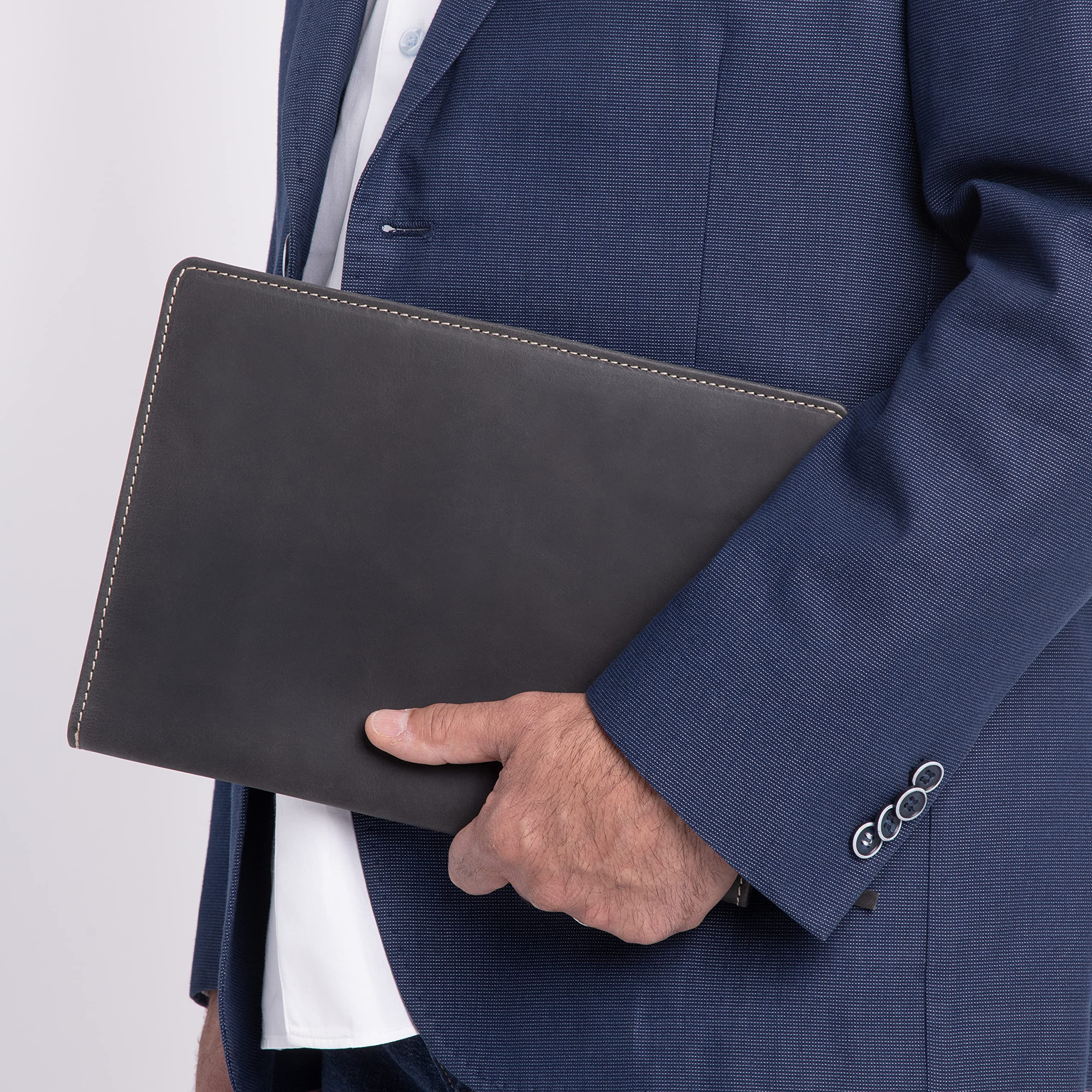 Premium Theodore Black Leather Notebook Cover 7.8 x 10.8 Inch - Professional Journal Organizer with Tablet Pocket, Phone Holder, Business Card Slots & Pen Loop - Fits Moleskine XL Notebooks - Perfect for Business Meetings, Office Work & Travel Organization