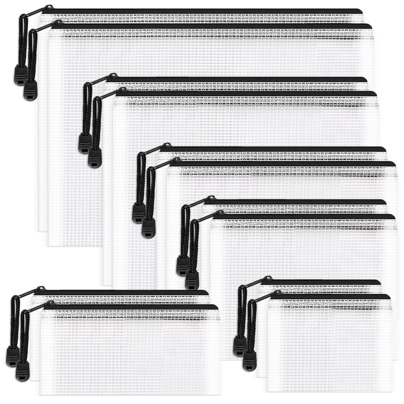 Umriox 6-Pack Assorted Size Zipper Bags (Black) - Mesh Storage Pouches for Cross Stitch Projects, Office Supplies, Travel Accessories & Board Games Organization | Perfect for Crafting, School, Work & Travel
