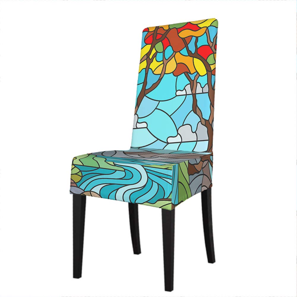 Moslion River Dining Chair Covers - Mosaic Stained Glass Design with Sunny Sky, Mountains, Trees & Autumn Landscape - Removable Washable Soft Chair Protector Slipcovers for Kitchen, Dining Room & Home Decor
