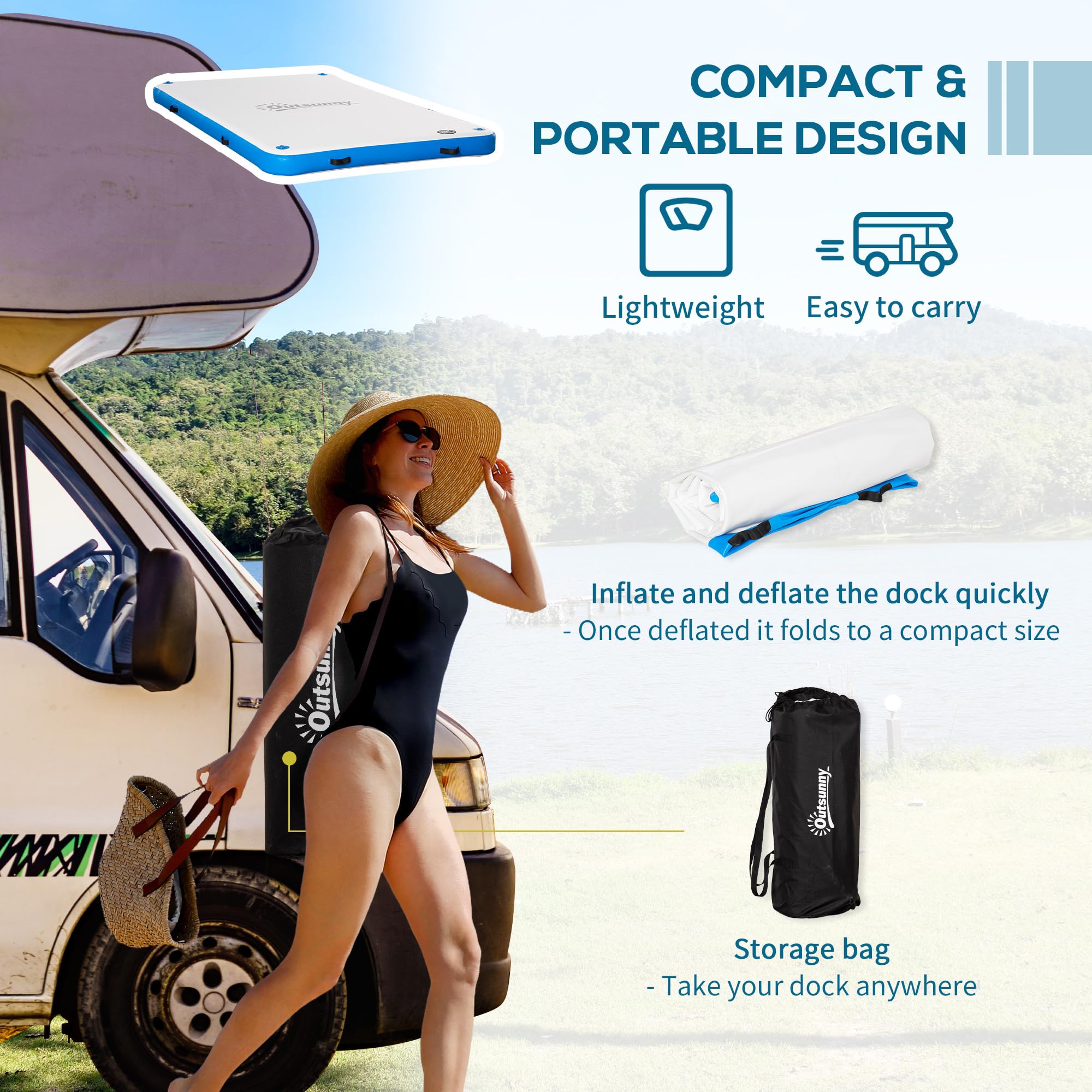 Outsunny Inflatable Floating Dock for Boats & Lakes - Heavy Duty Water Raft with Air Pump, Storage Bag, D-Rings, Handles & Repair Kit - Perfect for Swimming, Fishing, Relaxing on Lakes, Pools & Beaches