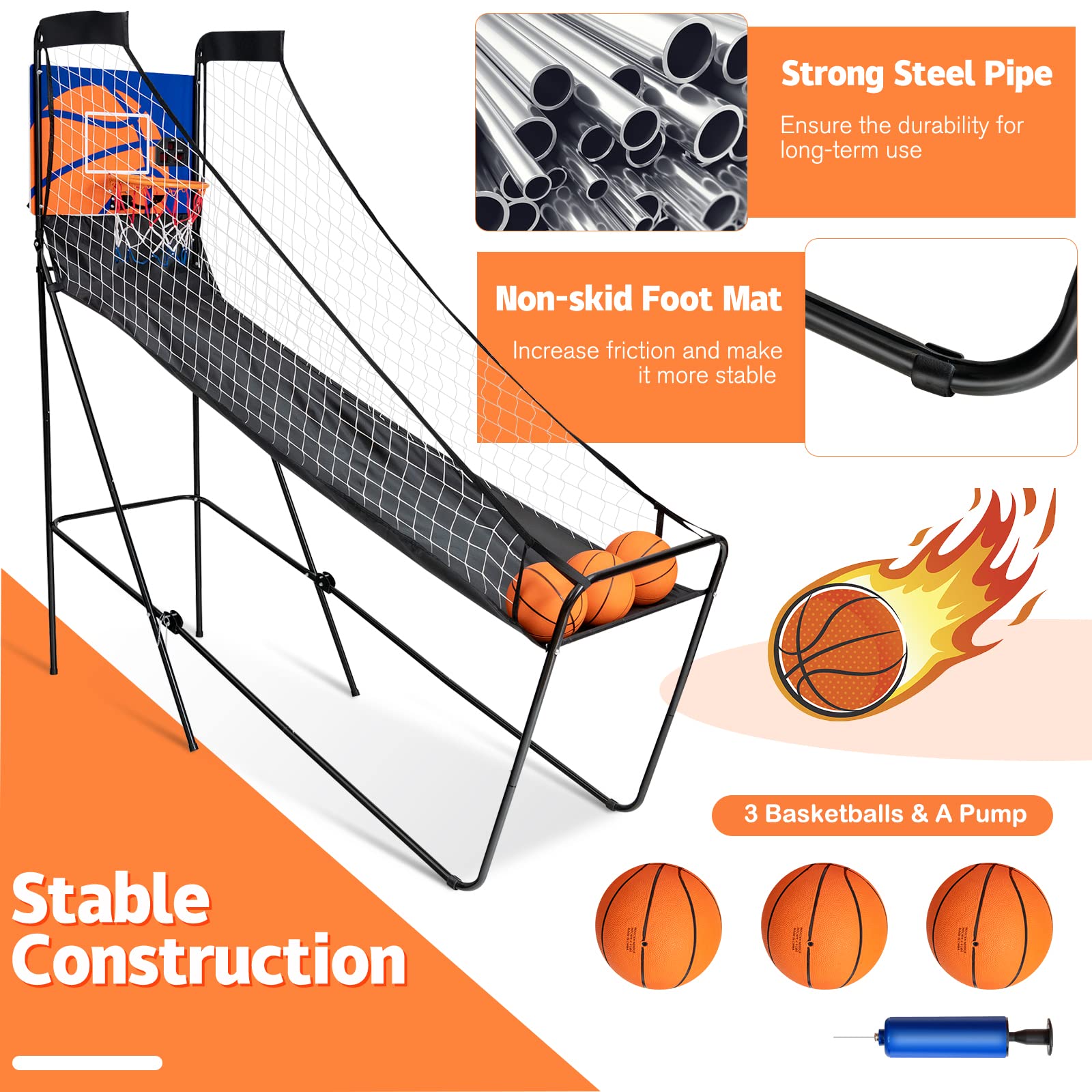 GYMAX Electronic Basketball Game with LED Scoreboard - Indoor Basketball Arcade Game for Kids & Adults, Includes 3 Basketballs & Air Pump, Foldable Design for Easy Storage - Perfect for Home Entertainment, Birthday Parties, and Office Break Rooms