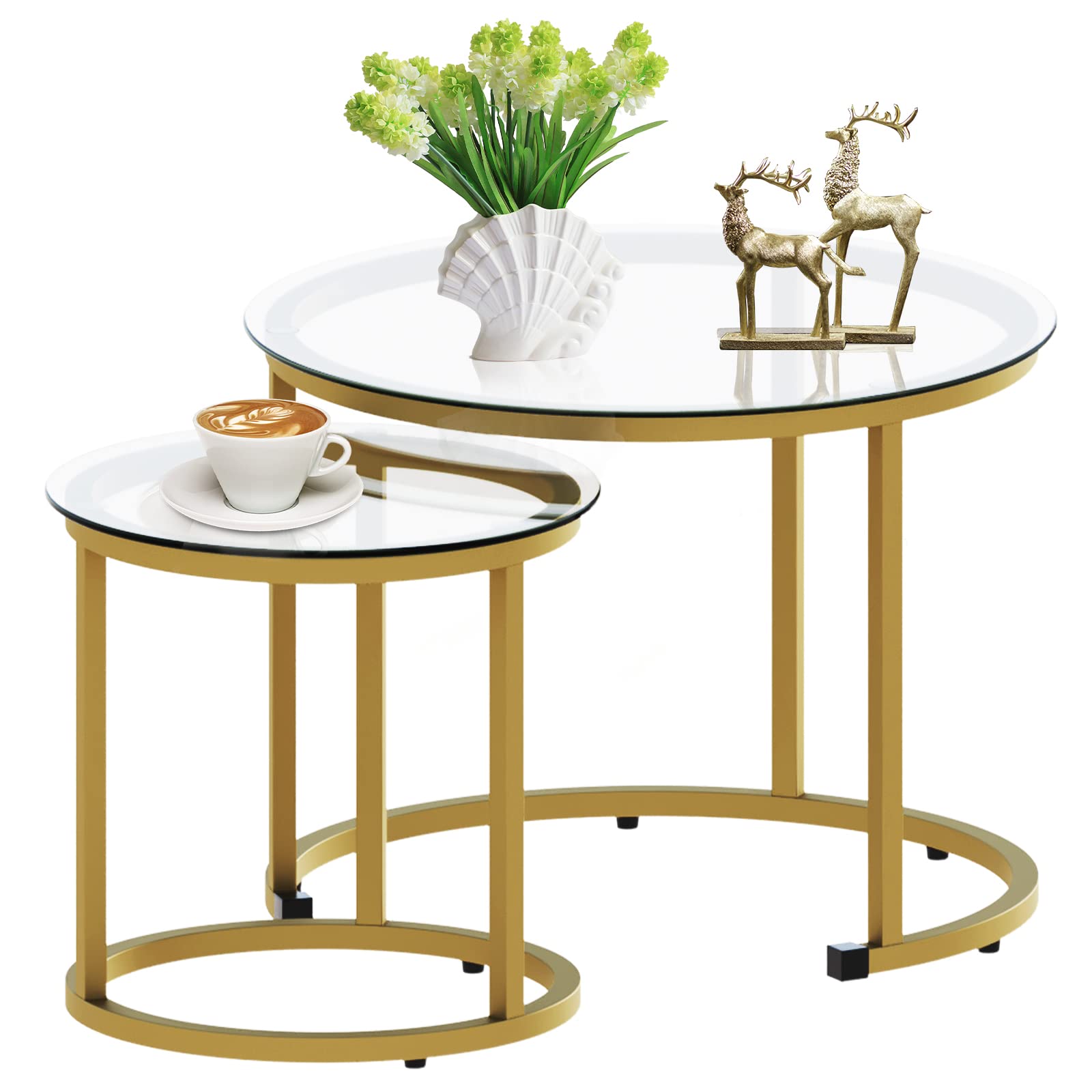 aboxoo Gold Nesting Coffee Table Set of 2 - Modern Industrial Round Glass Side Tables with Metal Frame for Living Room, Bedroom & Office - Perfect for Tea Time, Reading Nook or Lounge Area Decor