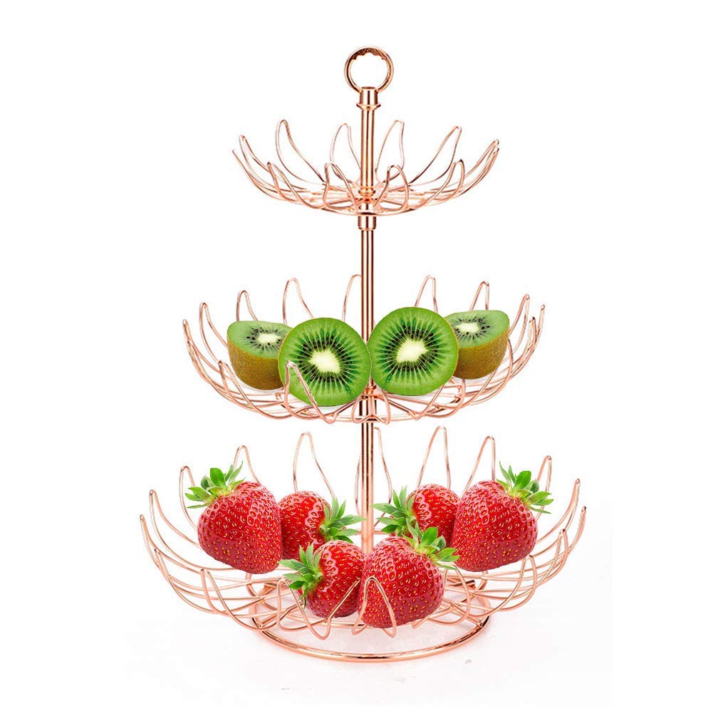 3-Tier Large Capacity Metal Fruit Basket - Countertop Fruit & Vegetable Storage Holder with Detachable Design, Rose Gold Decorative Tabletop Bowl Stand - Perfect for Kitchen, Dining Room, and Party Centerpiece Decor