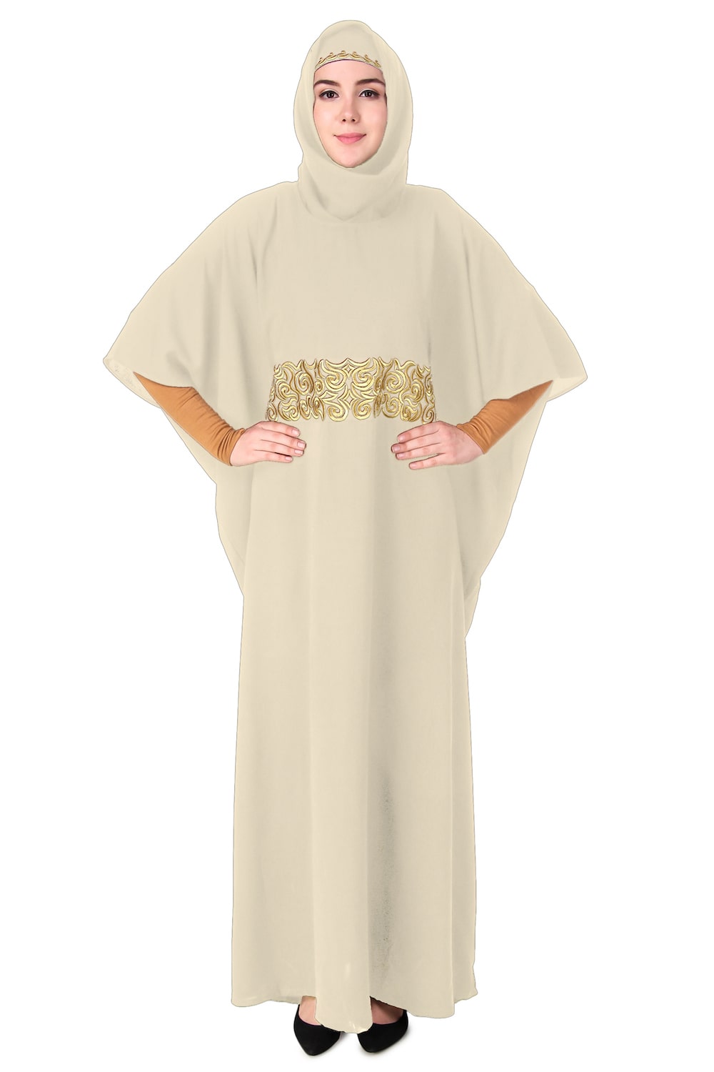 Handmade Gold Embroidered Waist Accent Kaftan Dress - Elegant Beach Cover Up & Boho Chic Homewear for Women