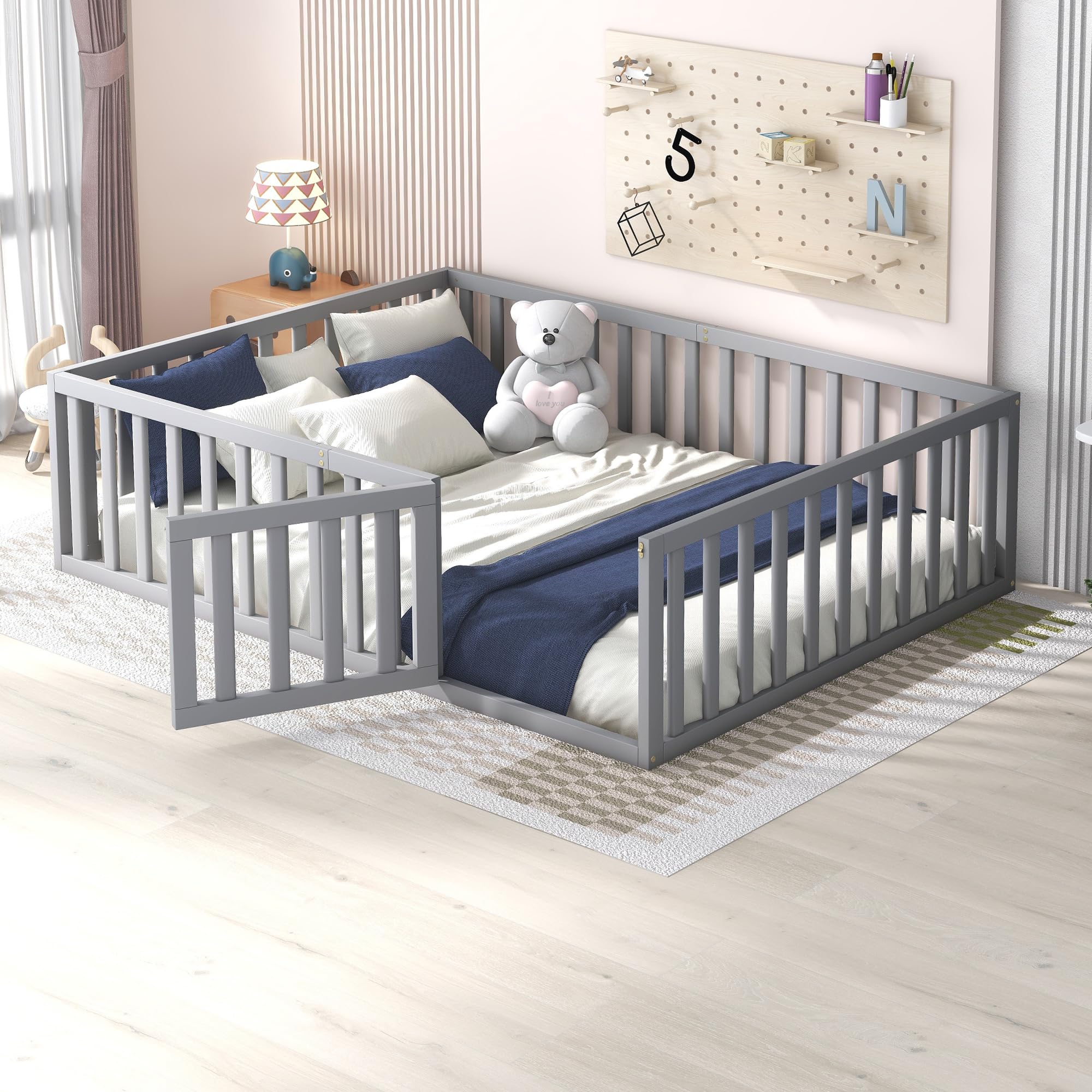 Harper & Bright Designs Full Size Montessori Floor Bed for Kids - Wooden Bed Frame with Guardrails & Door - Safe & Low to Ground - Ideal for Boys & Girls (Gray) - Perfect for Montessori Bedrooms, Toddler Rooms & Play Areas