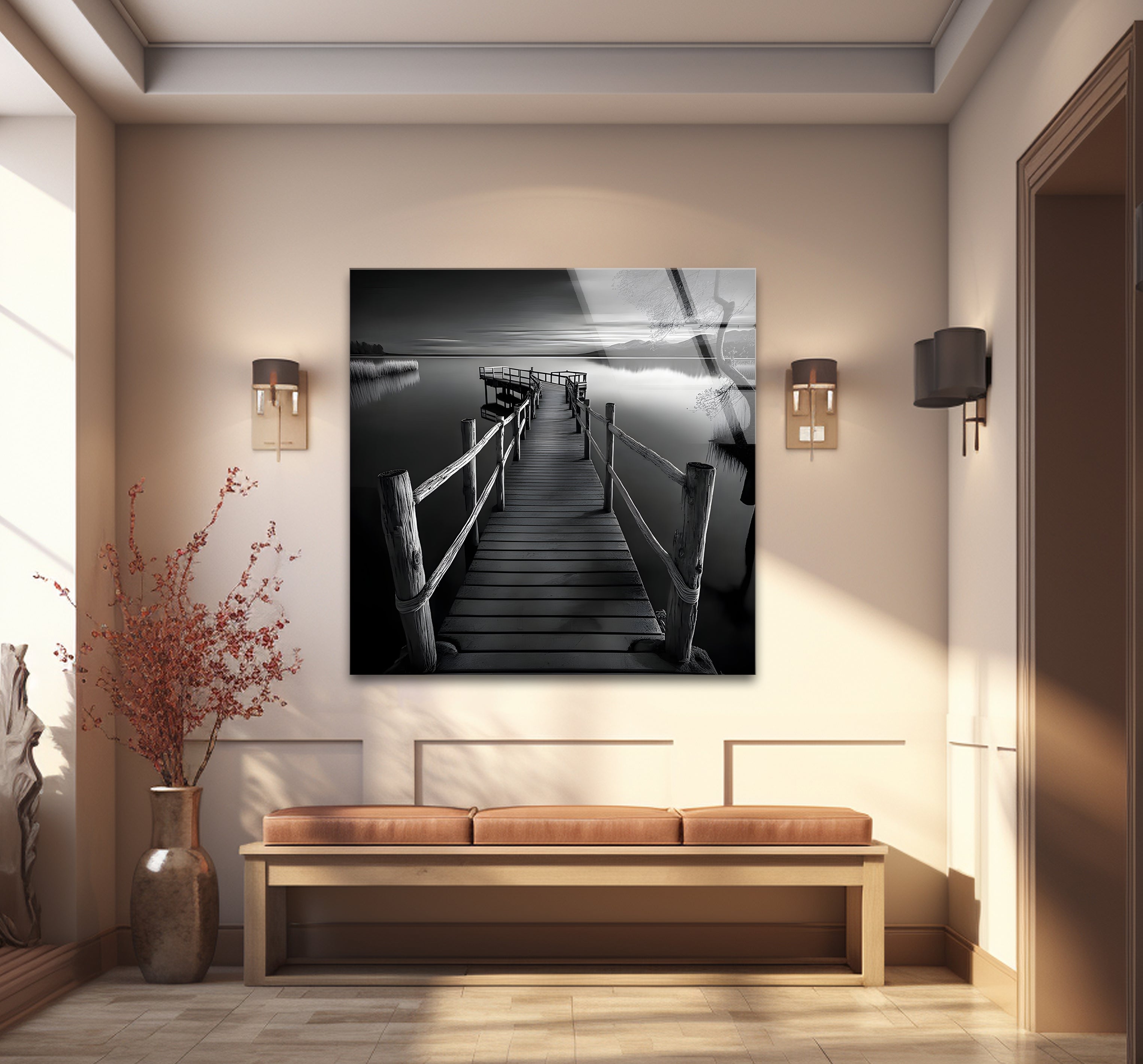 Black and White Dock Landscape Glass Wall Art - Modern Framed Home Decor for Living Room, Bedroom, Office | Coastal Nautical Theme